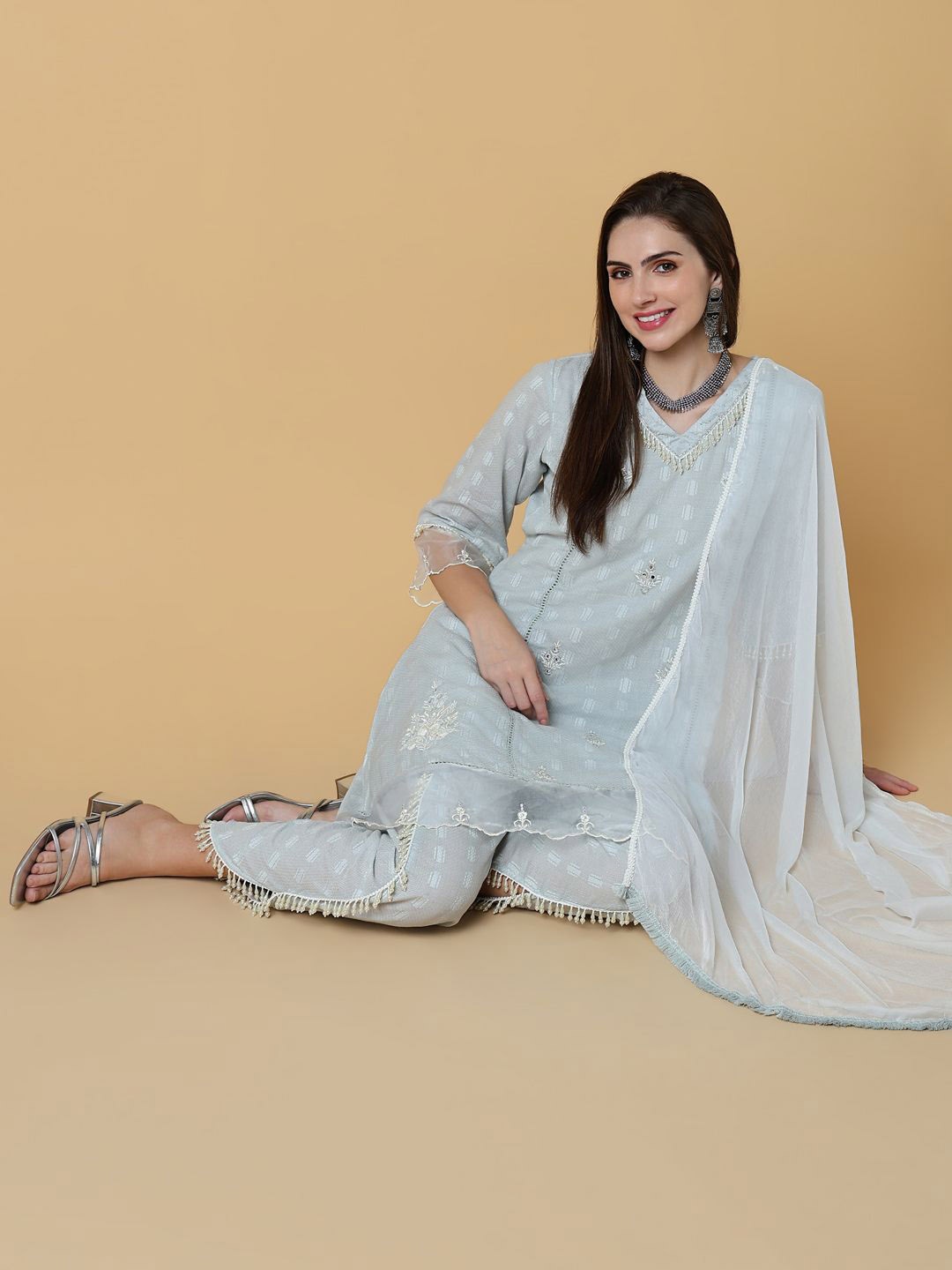 SHOWOFF Ethnic Motifs Embroidered Mirror Work A Line Kurta with Dhoti Pants & Dupatta, Grey
SHOWOFF Ethnic Motifs Embroidered Mirror Work A Line Kurta with Dhoti Pants & Dupatta, Grey