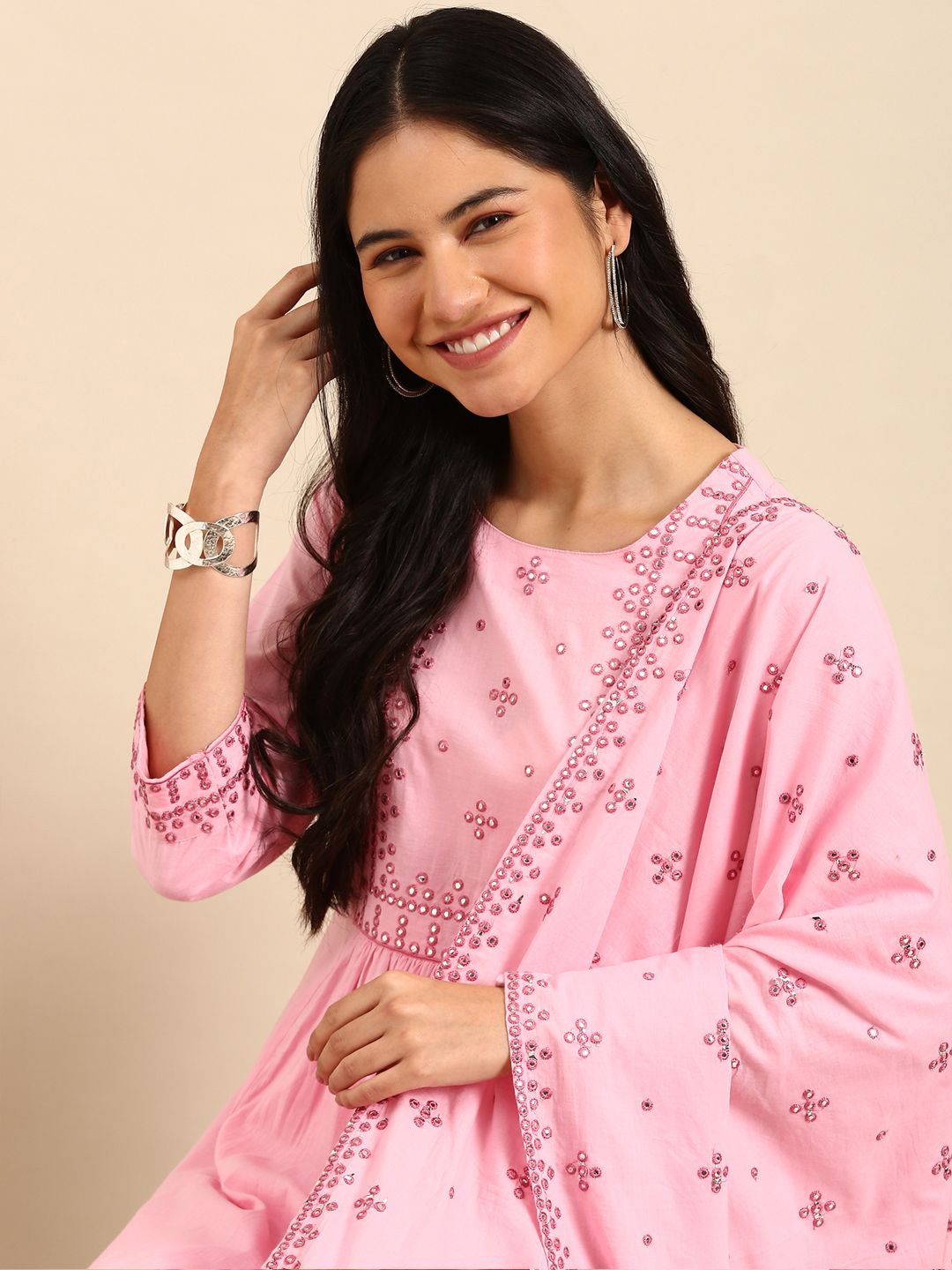 SHOWOFF Floral Embroidered Yoke Design Mirror Work A-Line Kurta With Trousers & Dupatta, Pink
SHOWOFF Floral Embroidered Yoke Design Mirror Work A-Line Kurta With Trousers & Dupatta, Pink