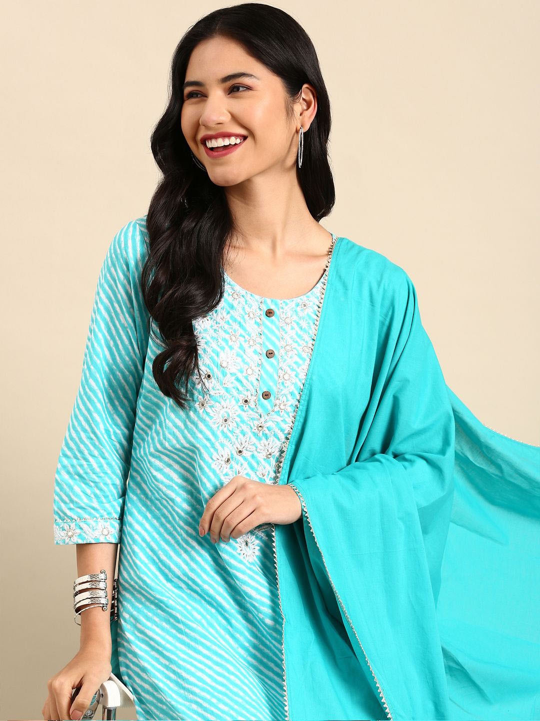 SHOWOFF Leheriya Printed Mirror Work Straight Kurta With Trousers & Dupatta, Blue
SHOWOFF Leheriya Printed Mirror Work Straight Kurta With Trousers & Dupatta, Blue