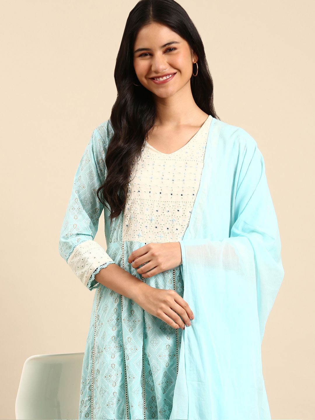 SHOWOFF Bandhani Printed Panelled Mirror Work Anarkali Kurta with Trousers & Dupatta, Blue
SHOWOFF Bandhani Printed Panelled Mirror Work Anarkali Kurta with Trousers & Dupatta, Blue