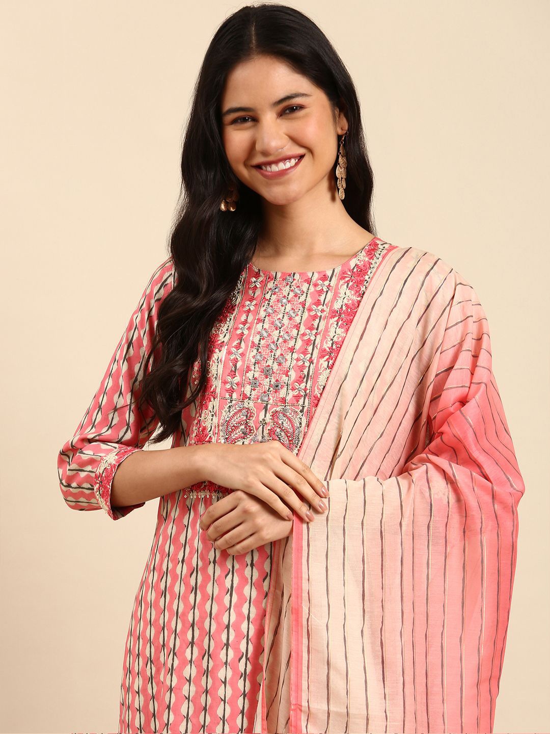 SHOWOFF Striped Printed Thread Work Chanderi Cotton Kurta With Trousers & Dupatta, Pink
SHOWOFF Striped Printed Thread Work Chanderi Cotton Kurta With Trousers & Dupatta, Pink