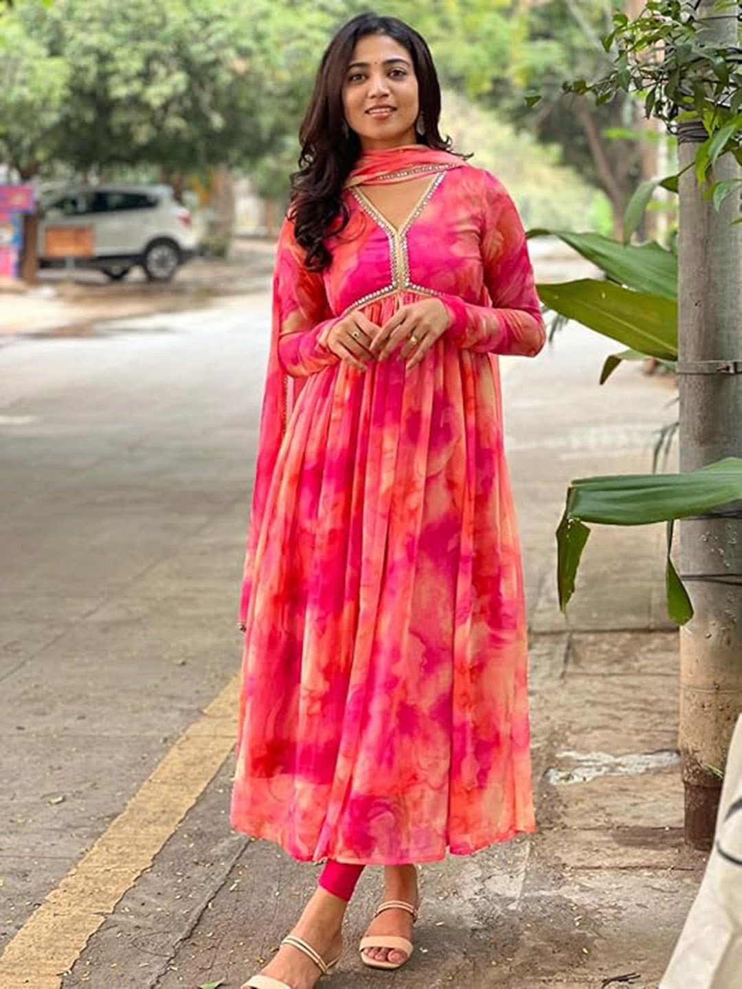 N N ENTERPRISE Floral Printed Georgette Anarkali Kurta with Trousers & Dupatta, Pink
N N ENTERPRISE Floral Printed Georgette Anarkali Kurta with Trousers & Dupatta, Pink