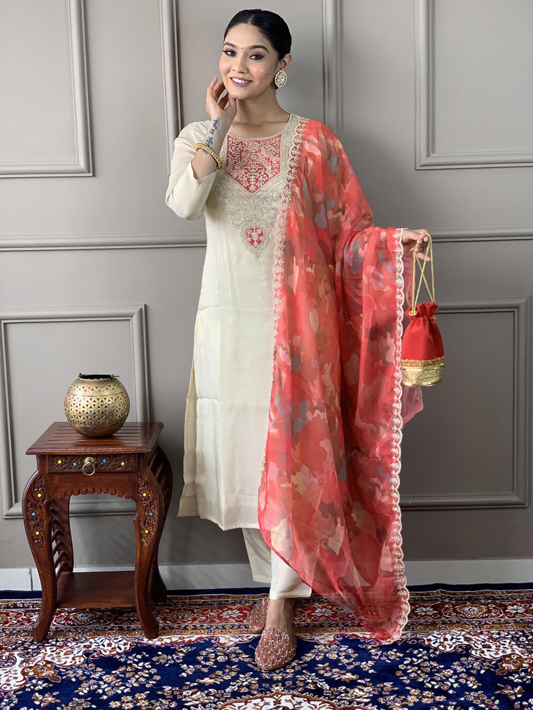 S.K.C Ethnic Motifs Embroidered Sequinned Chanderi Silk Kurta With Trouser & With Dupatta, Cream
S.K.C Ethnic Motifs Embroidered Sequinned Chanderi Silk Kurta With Trouser & With Dupatta, Cream