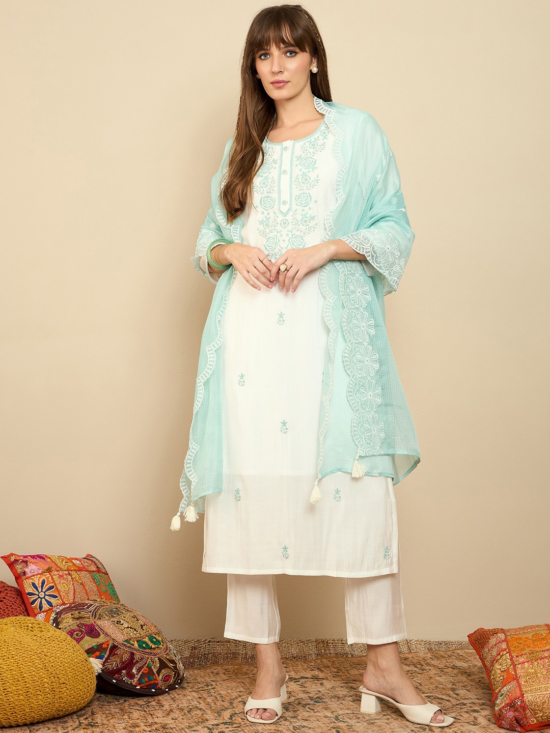 Indo Era Floral Embroidered Thread Work Straight Kurta With Trousers & Dupatta, White
Indo Era Floral Embroidered Thread Work Straight Kurta With Trousers & Dupatta, White