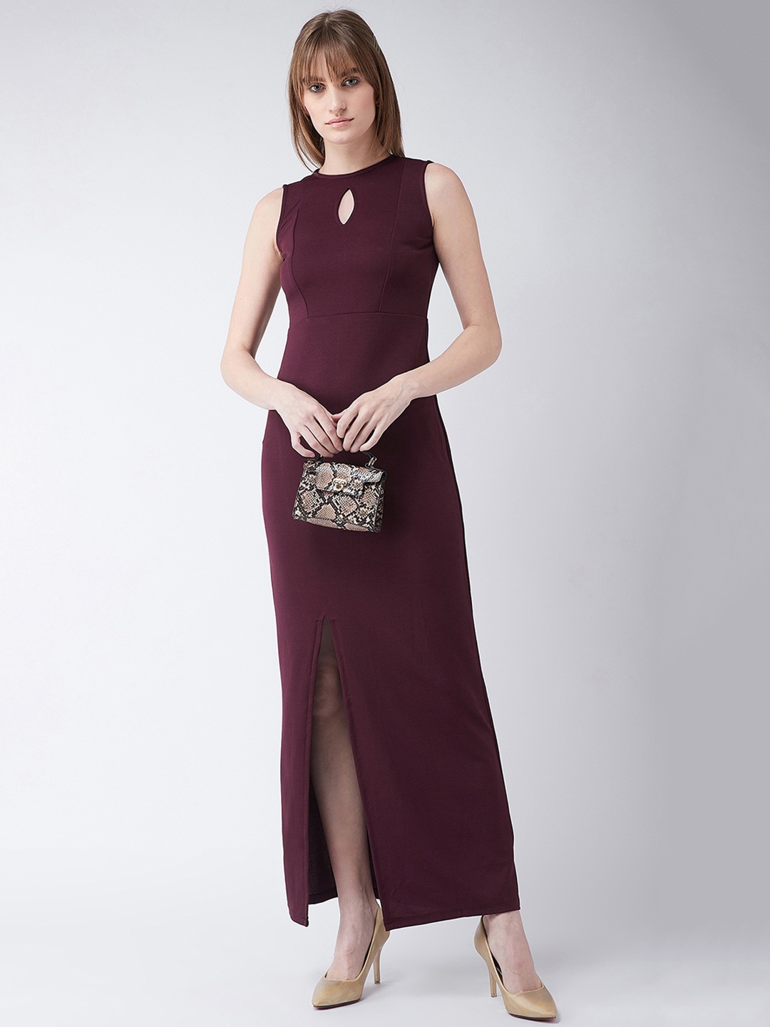 Chemistry Women Round Neck Sleeveless Solid Bodycon Slit Detailing Maxi Dress, Maroon
Chemistry Women Round Neck Sleeveless Solid Bodycon Slit Detailing Maxi Dress, Maroon