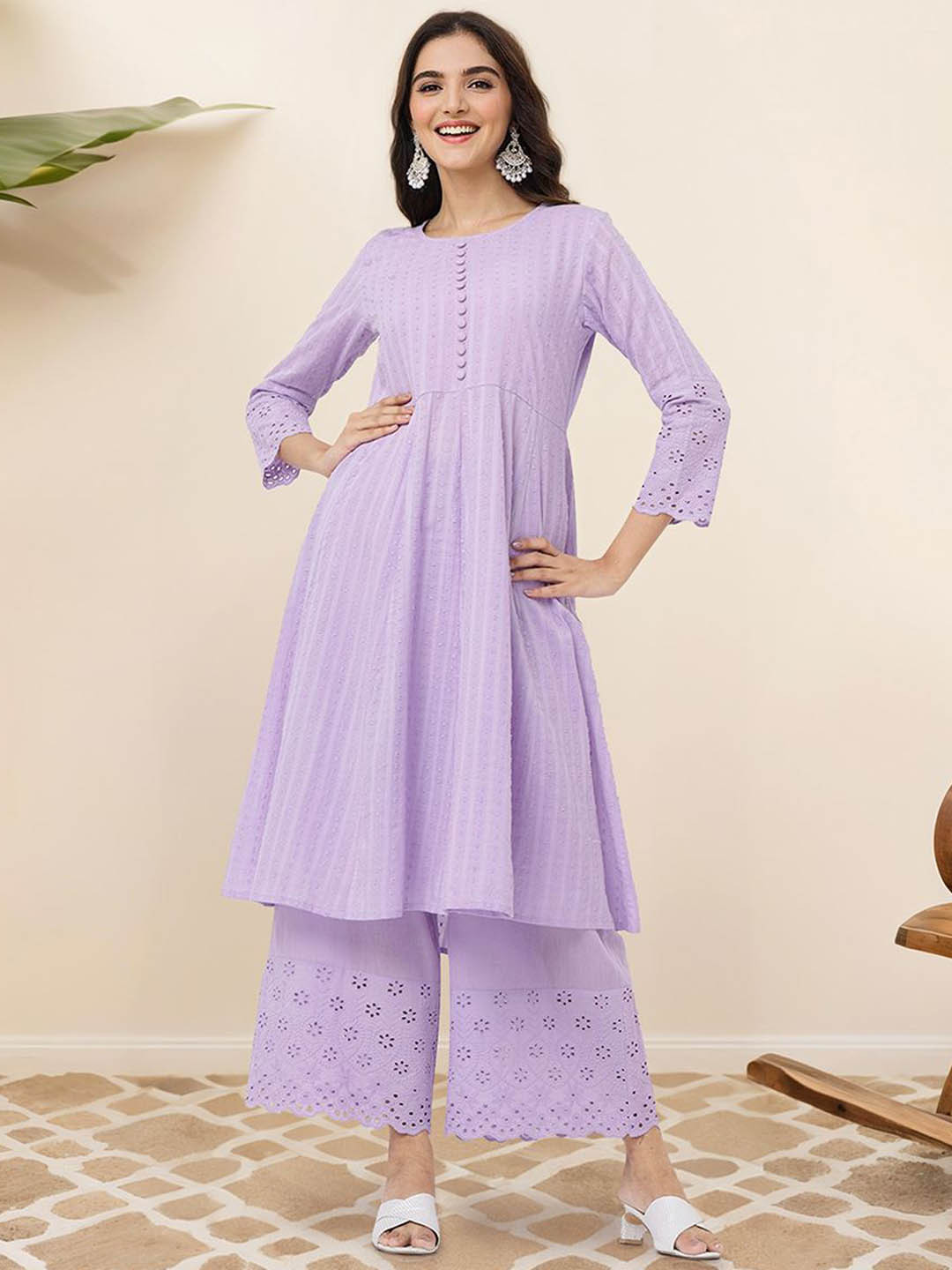 Ishin Ethnic Motifs Embroidered Regular Pure Cotton Anarkali Kurta with Trousers, Purple
Ishin Ethnic Motifs Embroidered Regular Pure Cotton Anarkali Kurta with Trousers, Purple