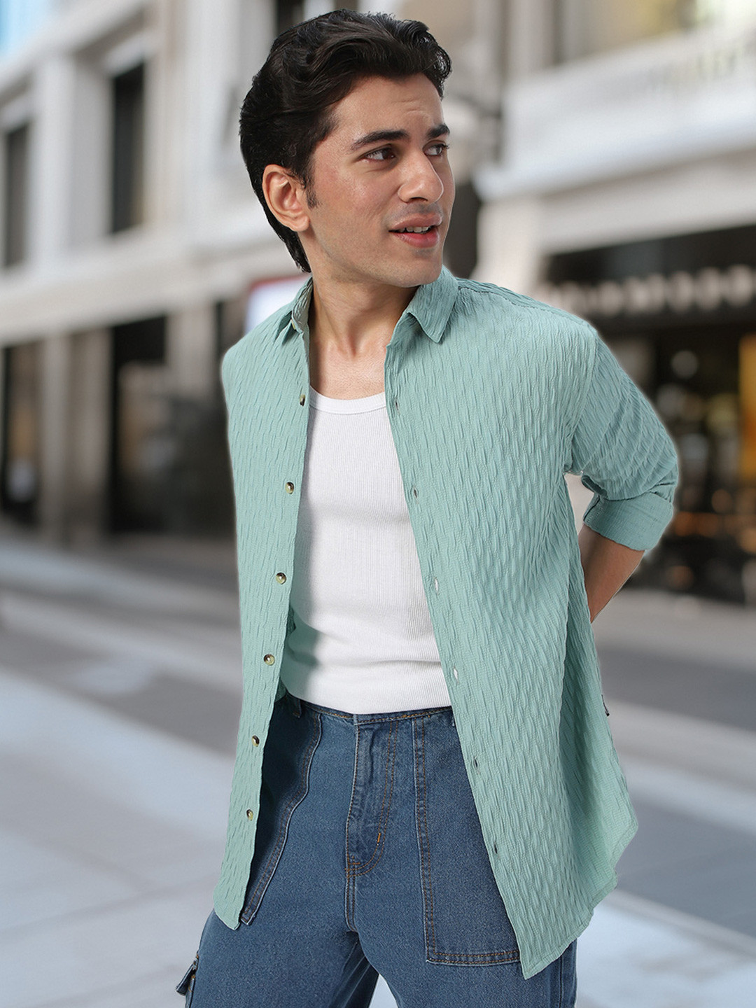 Urbano Fashion Men Spread Collar Textured Cotton Casual Shirt, Green 
Urbano Fashion Men Spread Collar Textured Cotton Casual Shirt, Green