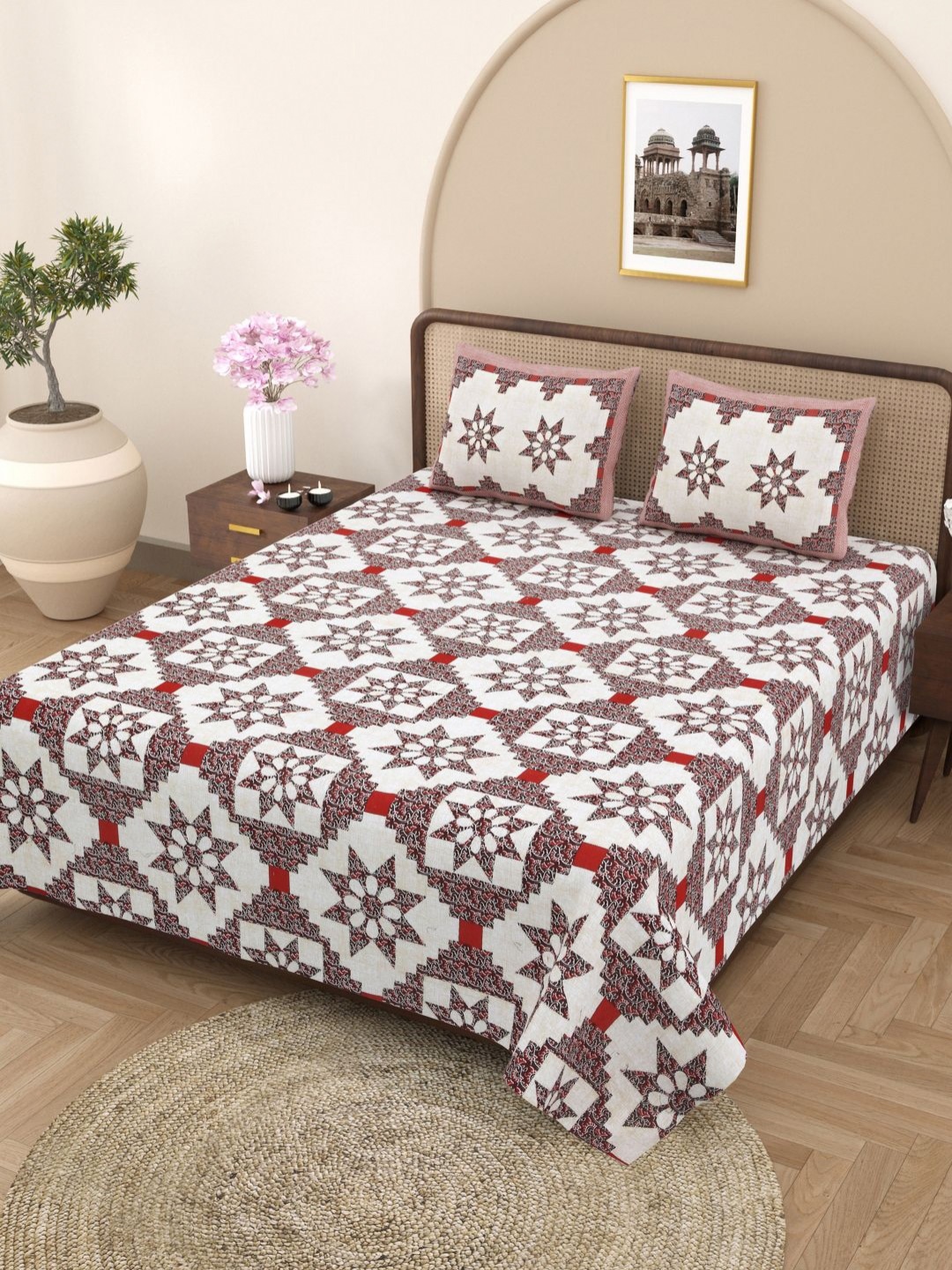 Plarsh Comfort White & Red Floral Pure Cotton 180 TC King Bedsheet with 2 Pillow Covers
Plarsh Comfort White & Red Floral Pure Cotton 180 TC King Bedsheet with 2 Pillow Covers