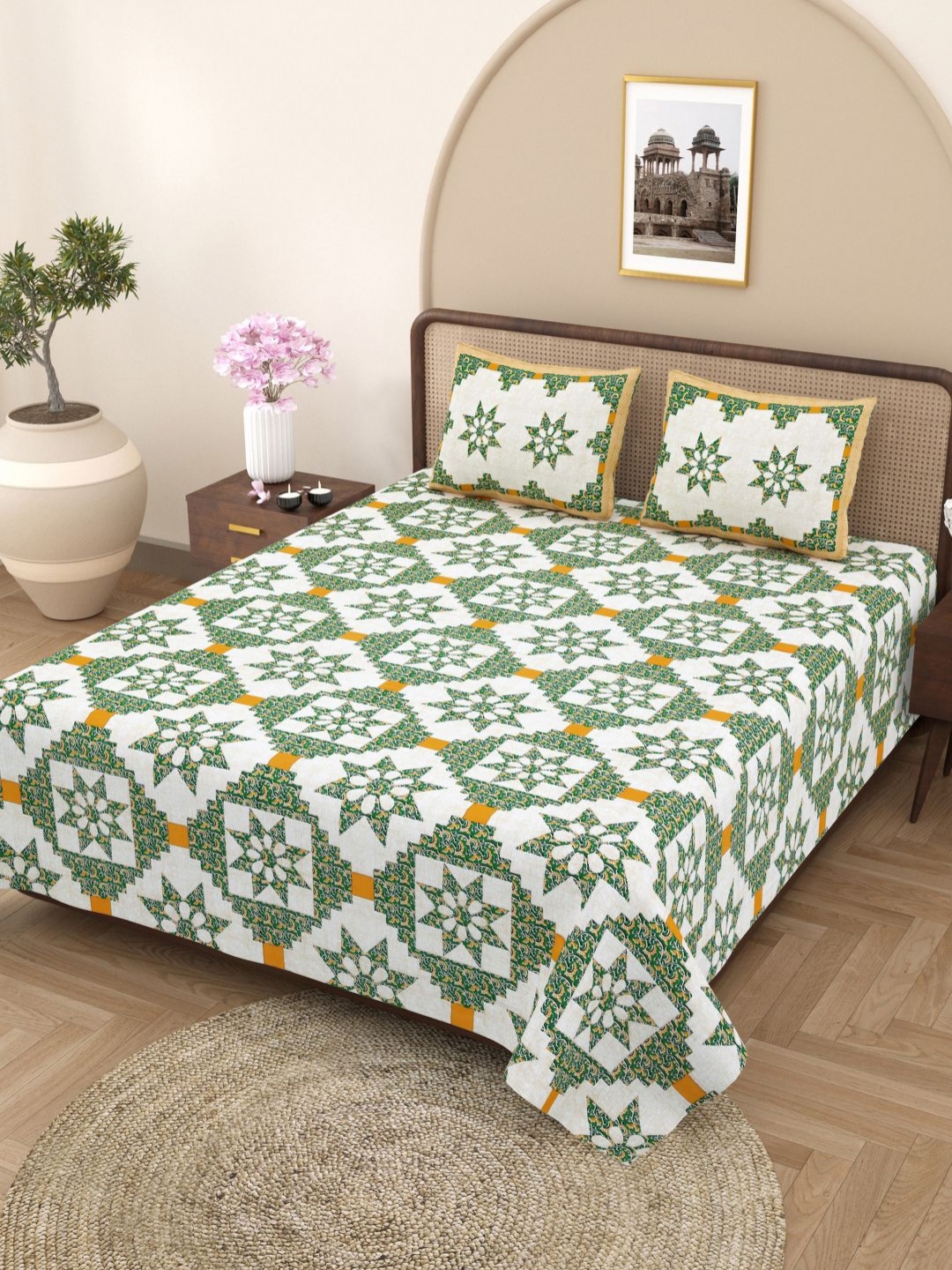 Plarsh Comfort White & Green Floral Pure Cotton 180 TC King Bedsheet with 2 Pillow Covers
Plarsh Comfort White & Green Floral Pure Cotton 180 TC King Bedsheet with 2 Pillow Covers