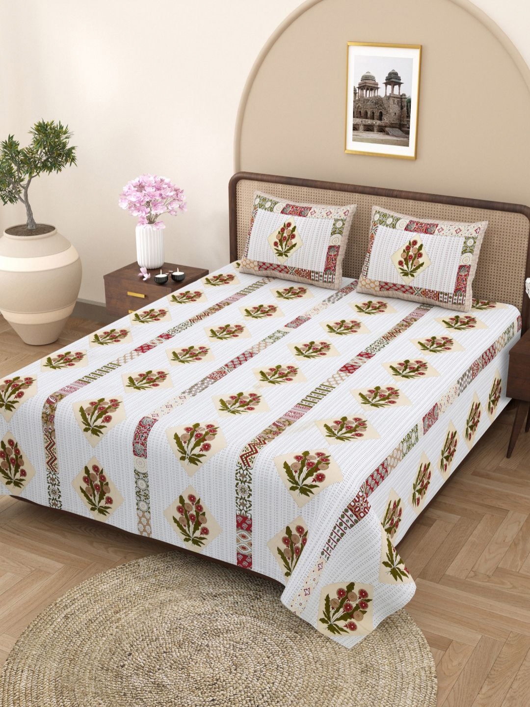 Plarsh Comfort Beige & Pink Floral Pure Cotton 180 TC King Bedsheet with 2 Pillow Covers
Plarsh Comfort Beige & Pink Floral Pure Cotton 180 TC King Bedsheet with 2 Pillow Covers