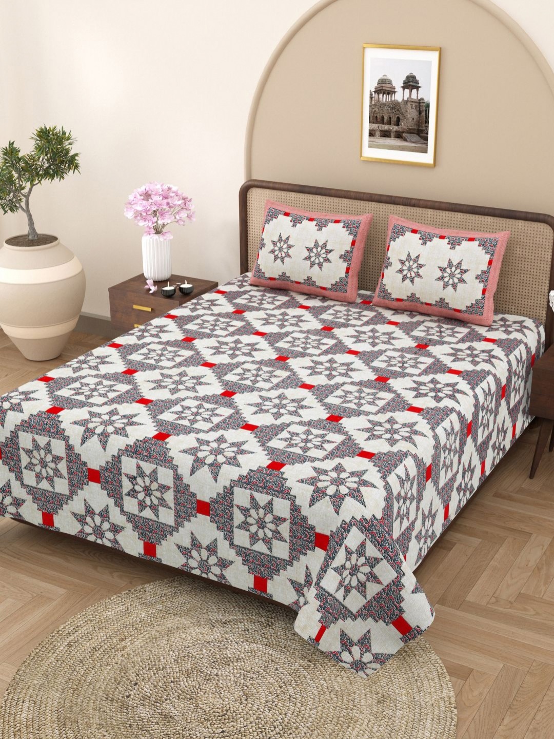 Plarsh Comfort White & Grey Floral Pure Cotton 180 TC King Bedsheet with 2 Pillow Covers
Plarsh Comfort White & Grey Floral Pure Cotton 180 TC King Bedsheet with 2 Pillow Covers