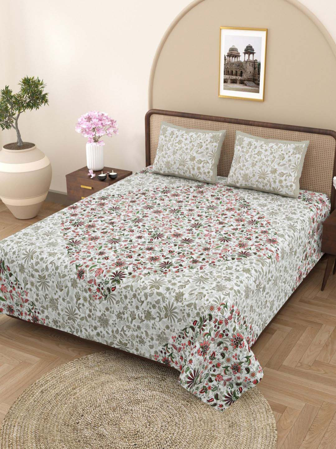 Plarsh Comfort White & Green Floral Pure Cotton 180 TC King Bedsheet with 2 Pillow Covers
Plarsh Comfort White & Green Floral Pure Cotton 180 TC King Bedsheet with 2 Pillow Covers