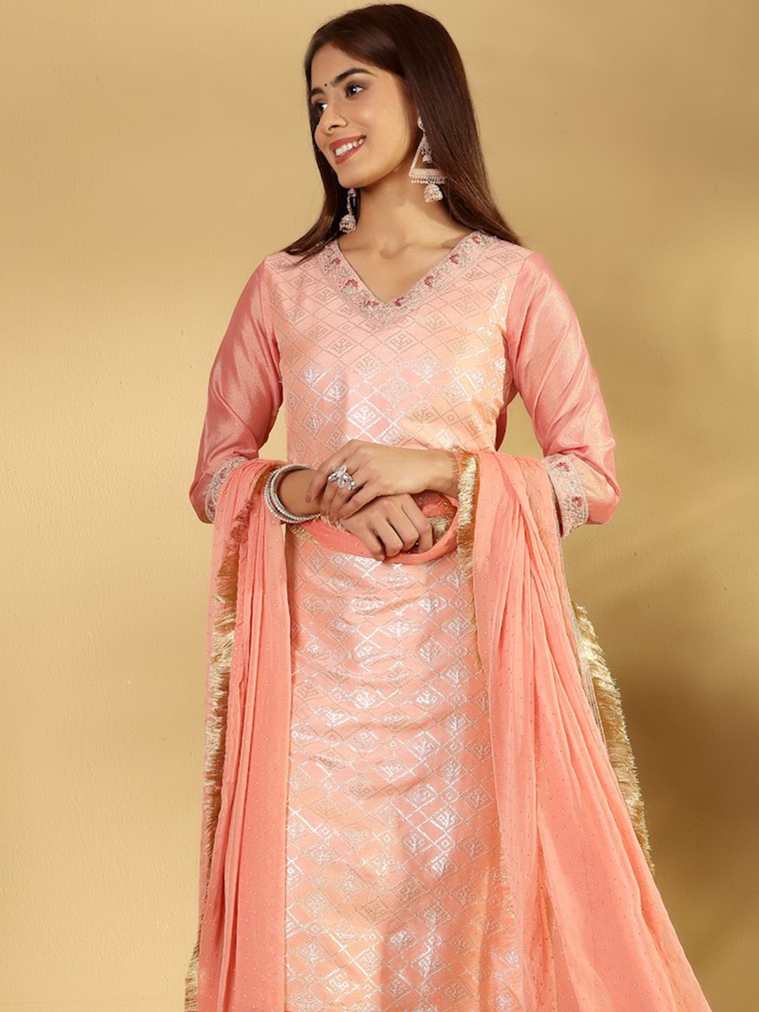 Varanga Ethnic Motifs Woven Design Regular Zari Kurta With Trousers & Dupatta, Peach
Varanga Ethnic Motifs Woven Design Regular Zari Kurta With Trousers & Dupatta, Peach