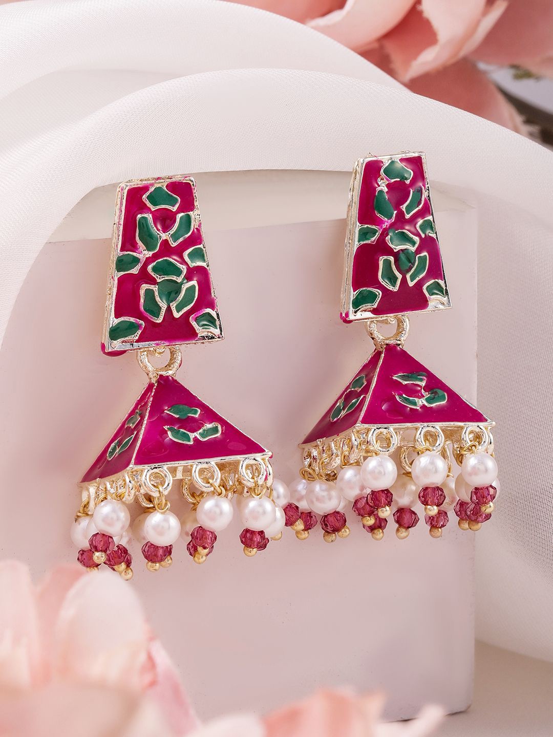 Rubans 18K Gold-Plated Pink & Green Enamelled Jhumka Earring with Pearl and Bead Detailing
Rubans 18K Gold-Plated Pink & Green Enamelled Jhumka Earring with Pearl and Bead Detailing