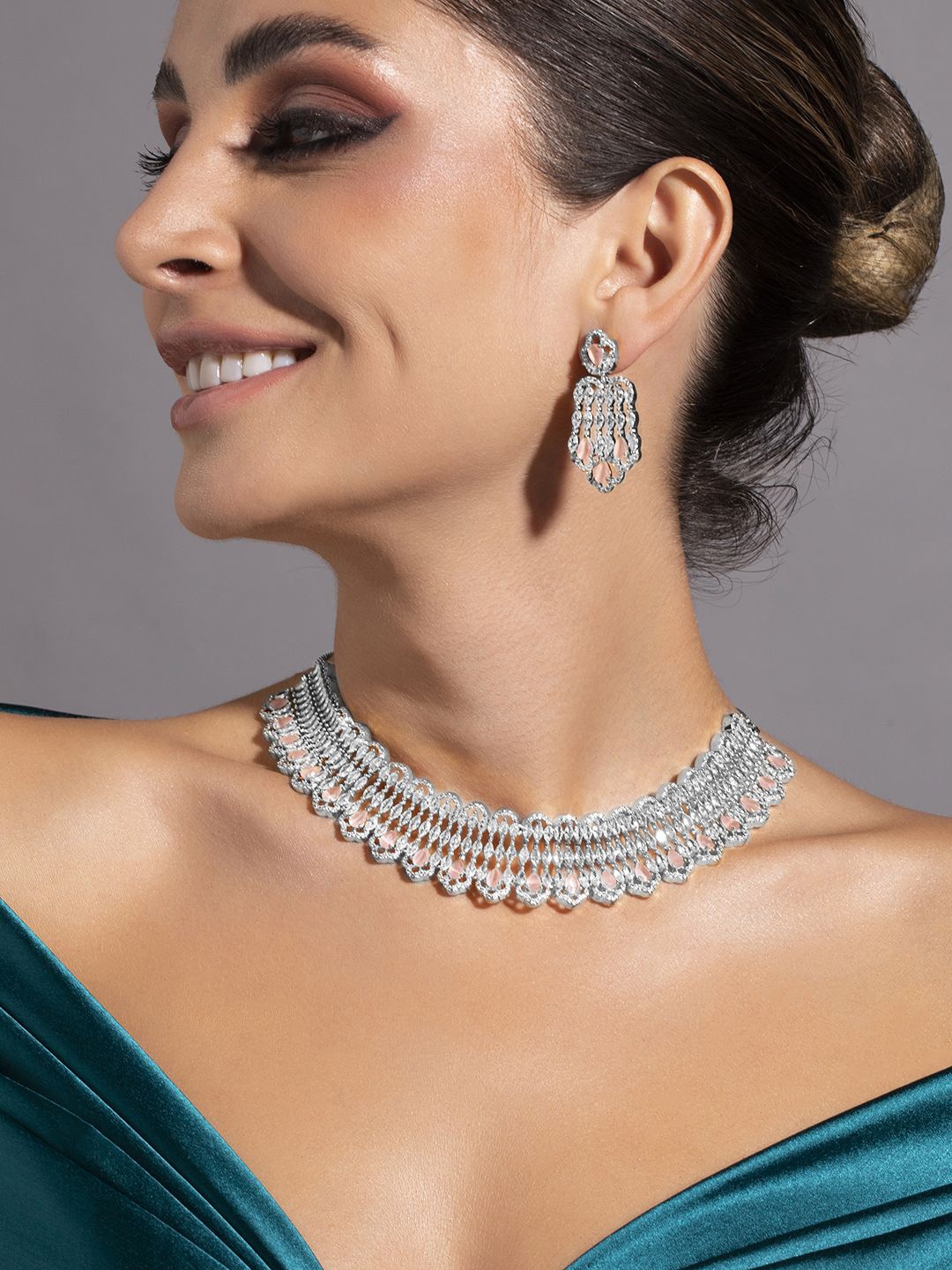 Rubans Rhodium-Plated Pastel Pink AD Stone & Cubic Zirconia Studded Choker Necklace Set, Silver
Rubans Rhodium-Plated Pastel Pink AD Stone & Cubic Zirconia Studded Choker Necklace Set, Silver