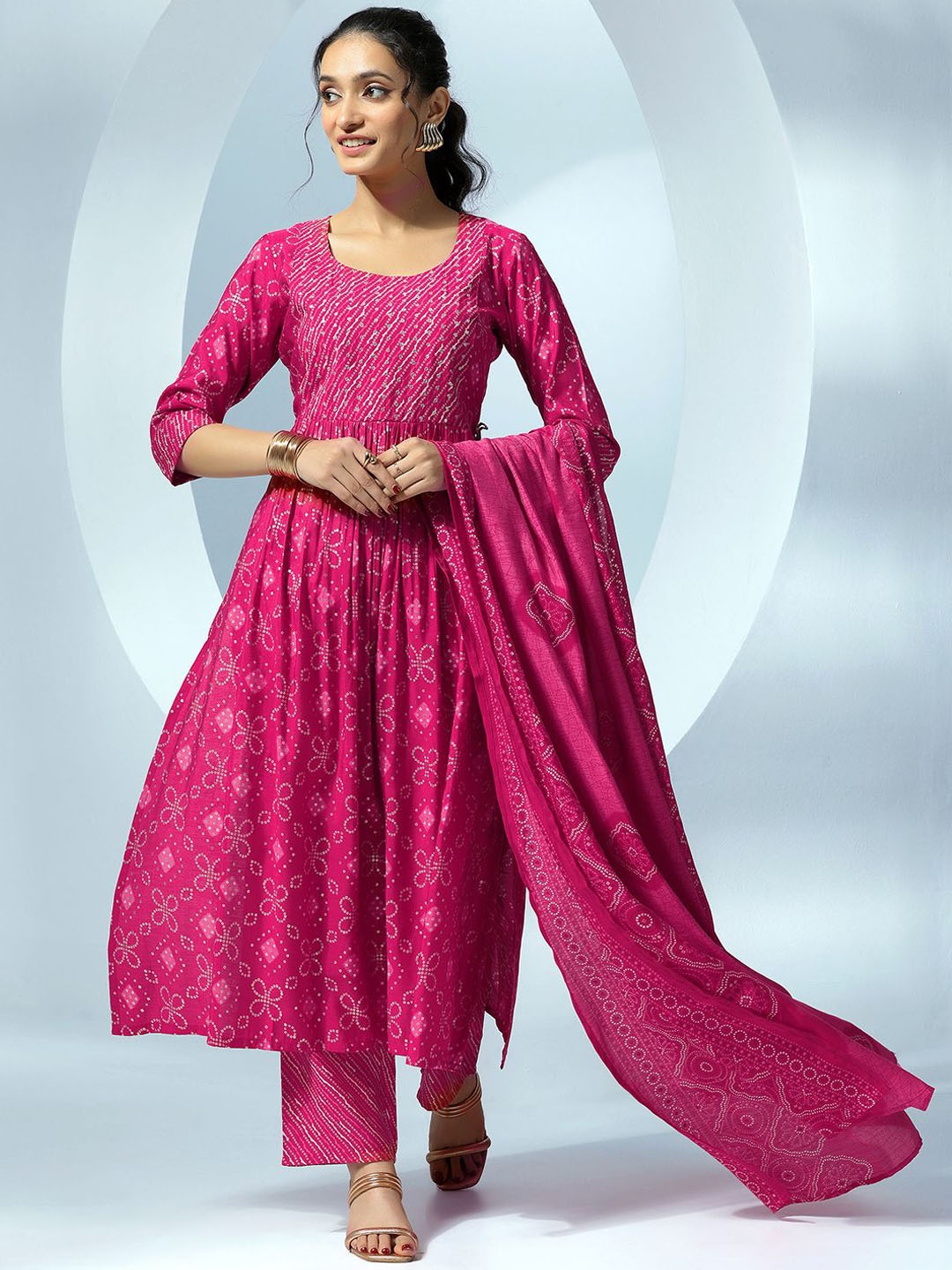 Libas Women Bandhani Printed Empire Sequinned Kurta with Trousers & With Dupatta, Pink
Libas Women Bandhani Printed Empire Sequinned Kurta with Trousers & With Dupatta, Pink