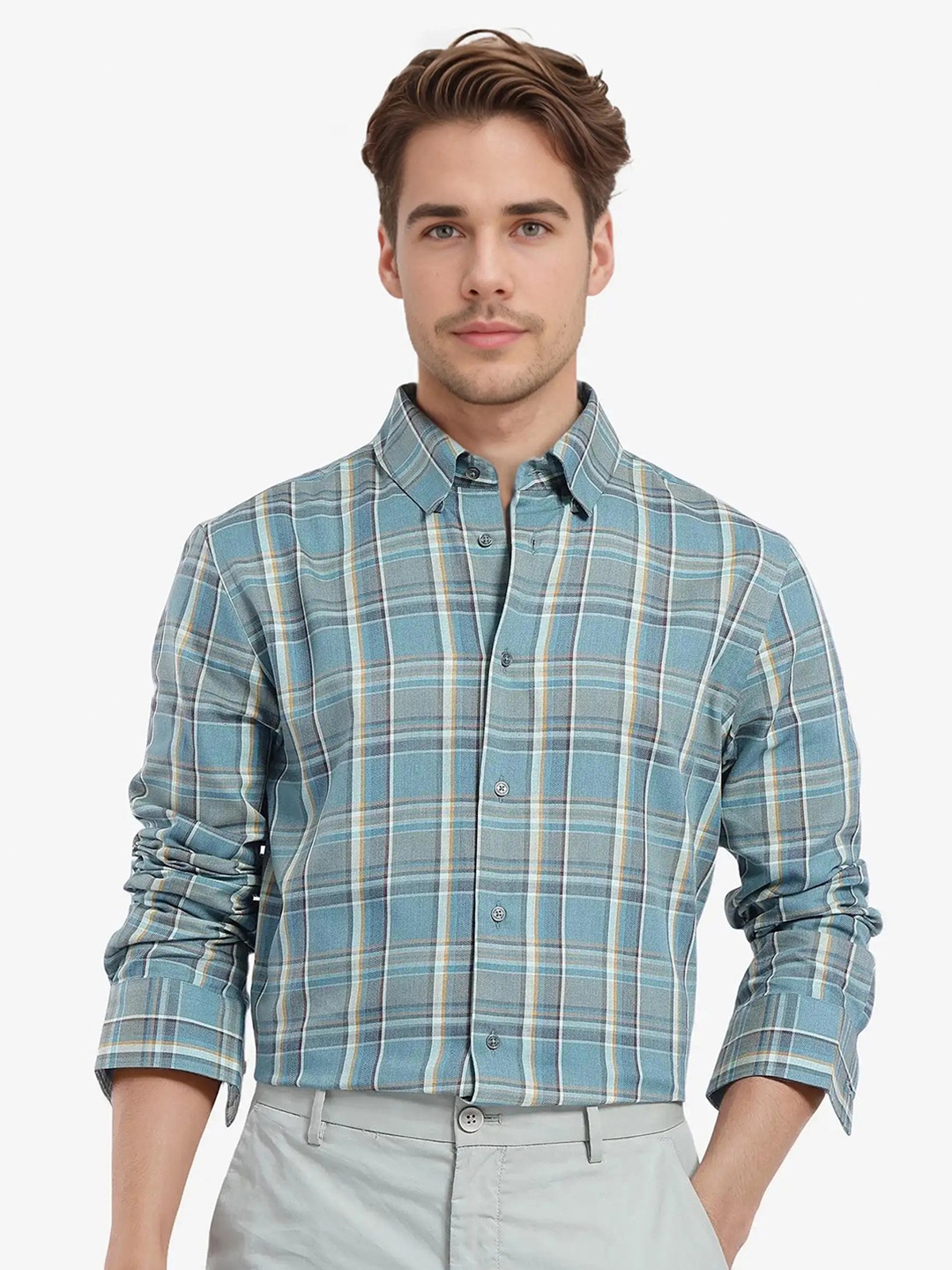 RARE RABBIT Men Comfort Spread Collar Tartan Checked Cotton Casual Shirt, Turquoise blue
RARE RABBIT Men Comfort Spread Collar Tartan Checked Cotton Casual Shirt, Turquoise blue