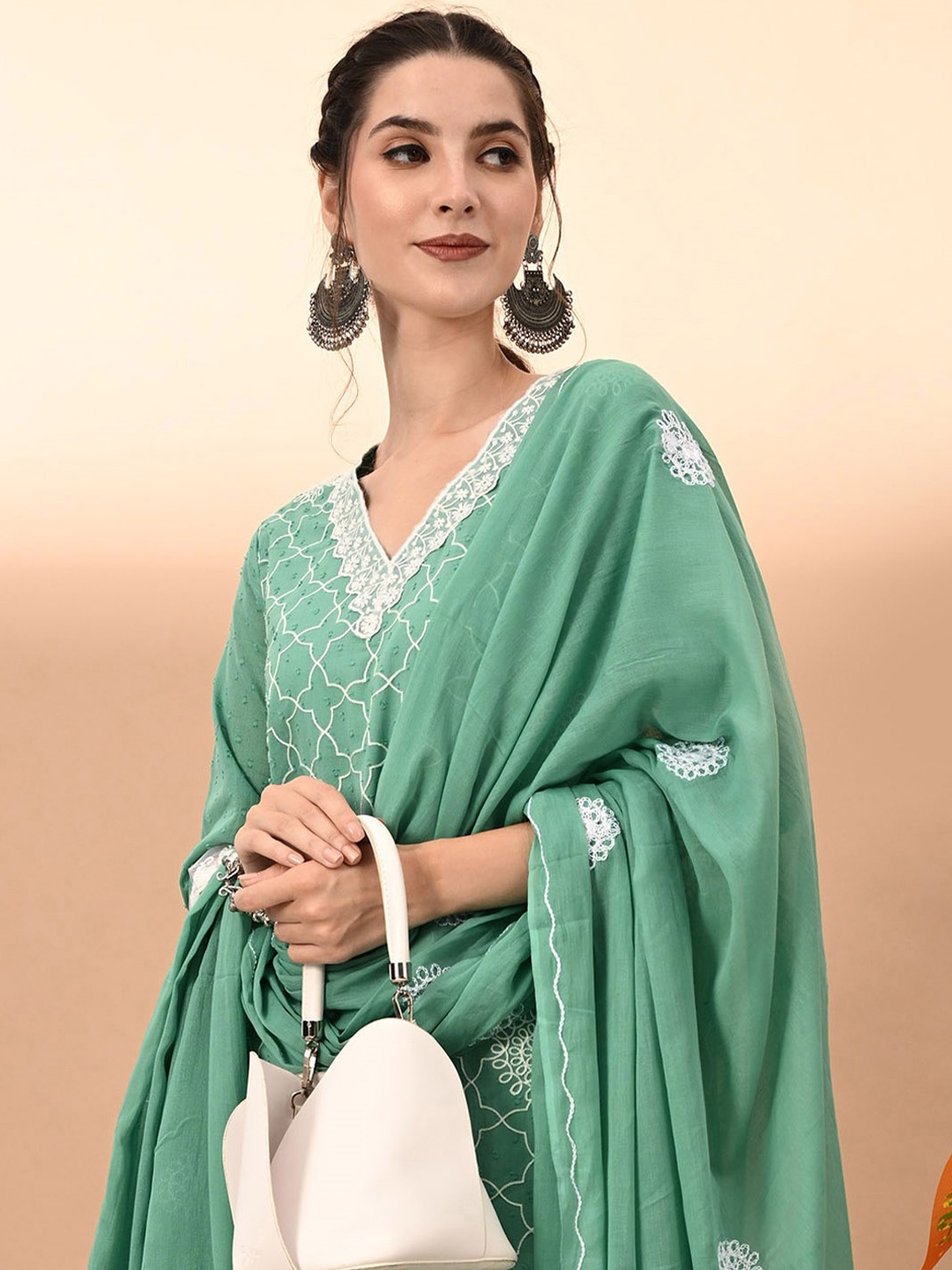 KALINI Floral Embroidered Thread Work Pure Cotton Kurta with Trousers & Dupatta, Green
KALINI Floral Embroidered Thread Work Pure Cotton Kurta with Trousers & Dupatta, Green