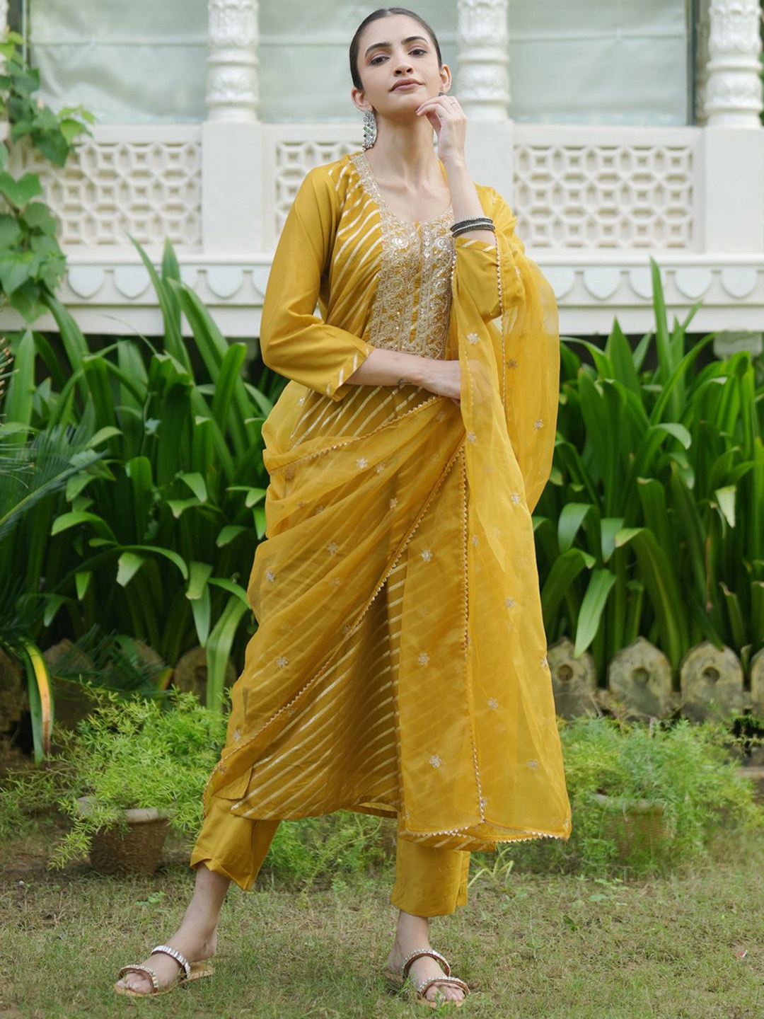 Indo Era Women Leheriya Embroidered Chanderi Silk Kurta With Trousers & Dupatta, Mustard
Indo Era Women Leheriya Embroidered Chanderi Silk Kurta With Trousers & Dupatta, Mustard