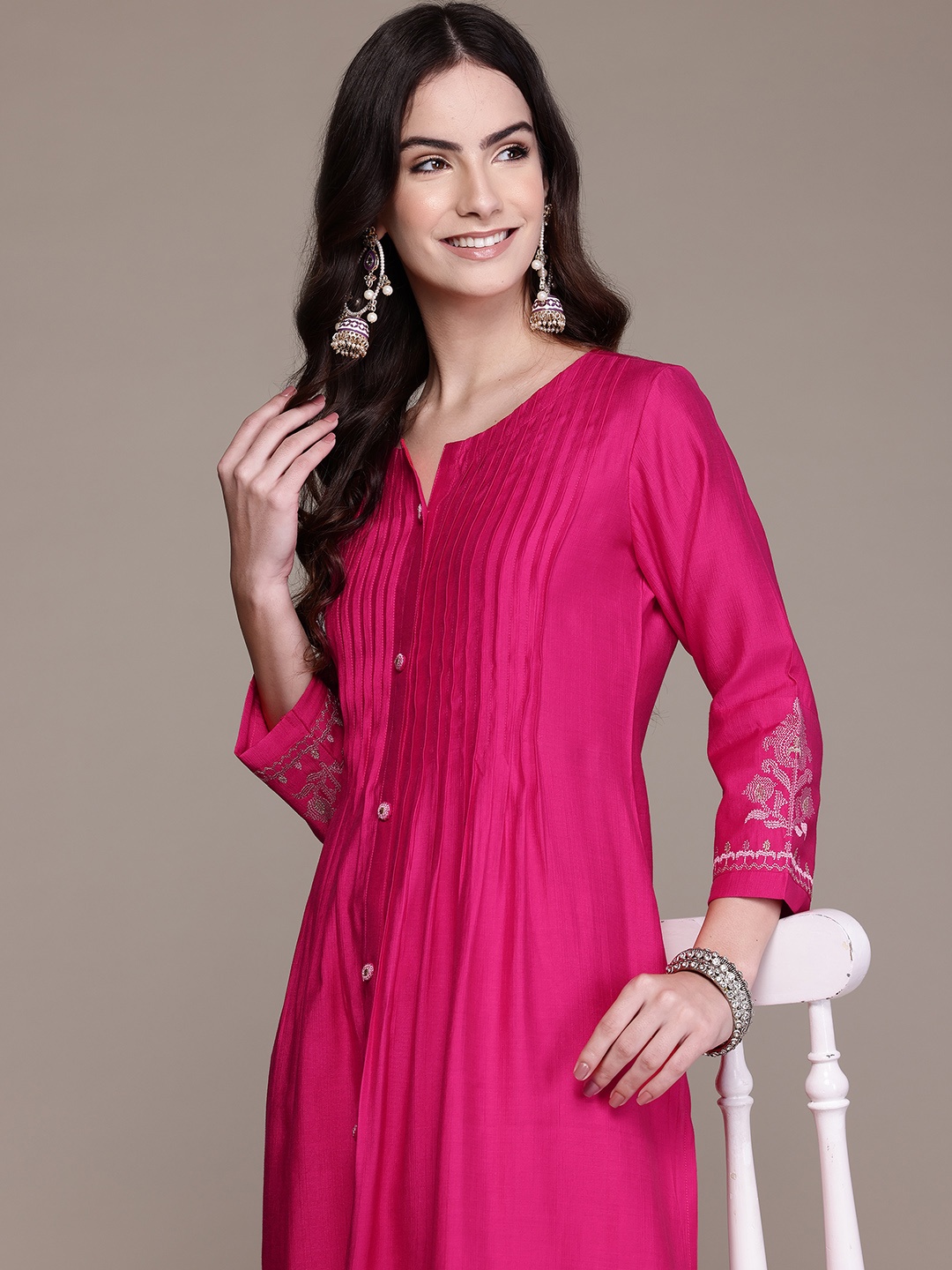Readiprint Floral Printed Pleated Thread Work Pure Silk Kurta with Trousers, Magenta
Readiprint Floral Printed Pleated Thread Work Pure Silk Kurta with Trousers, Magenta