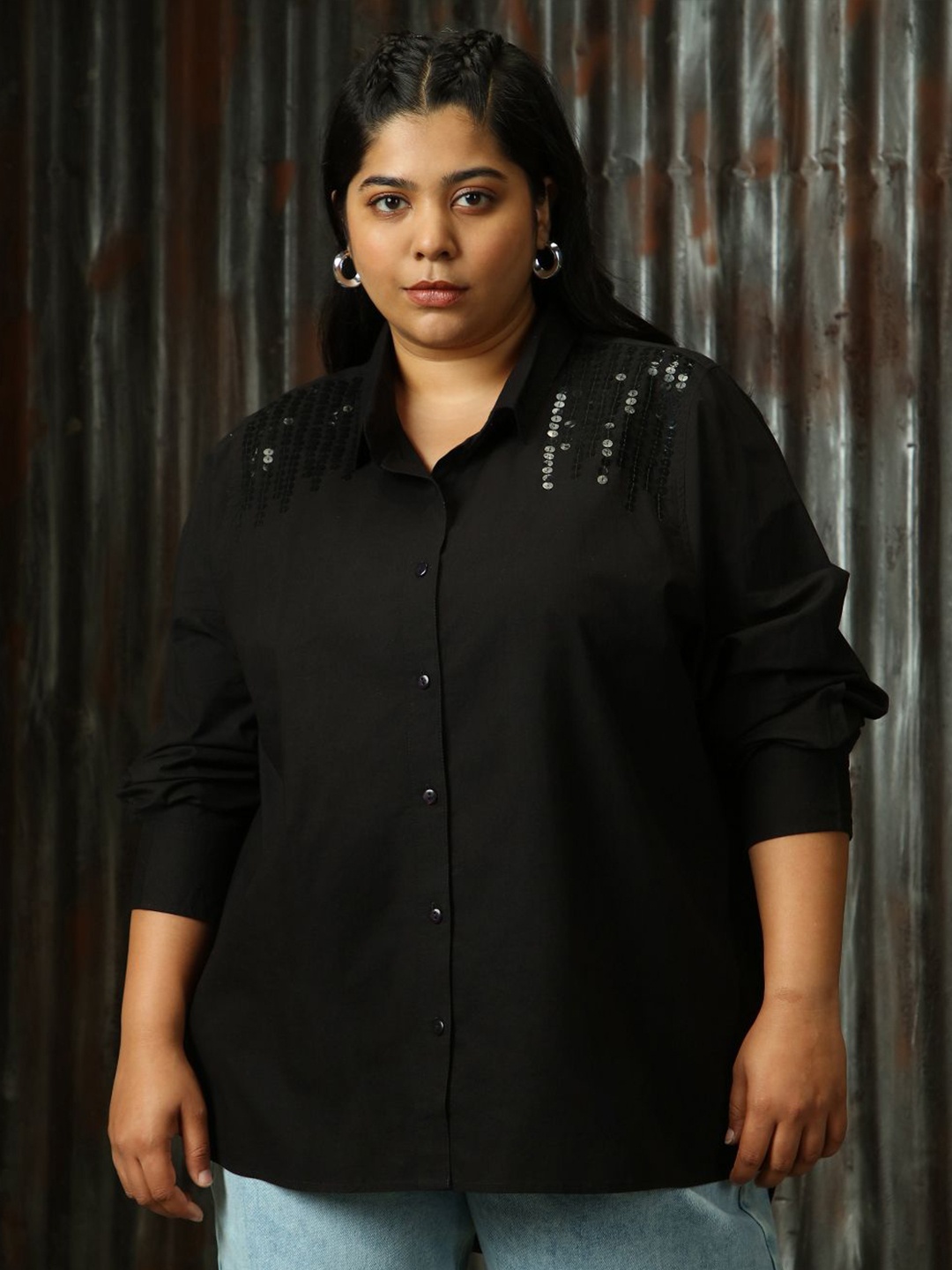Freeform by High Star Women Plus Size Embelished Solid Cotton Oversized Casual Shirt, Black
Freeform by High Star Women Plus Size Embelished Solid Cotton Oversized Casual Shirt, Black