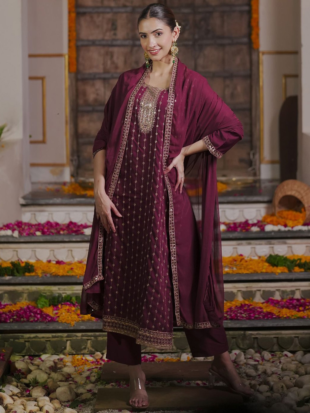 Indo Era Women Embroidered Regular Sequinned Kurta with Trousers & With Dupatta, Maroon
Indo Era Women Embroidered Regular Sequinned Kurta with Trousers & With Dupatta, Maroon