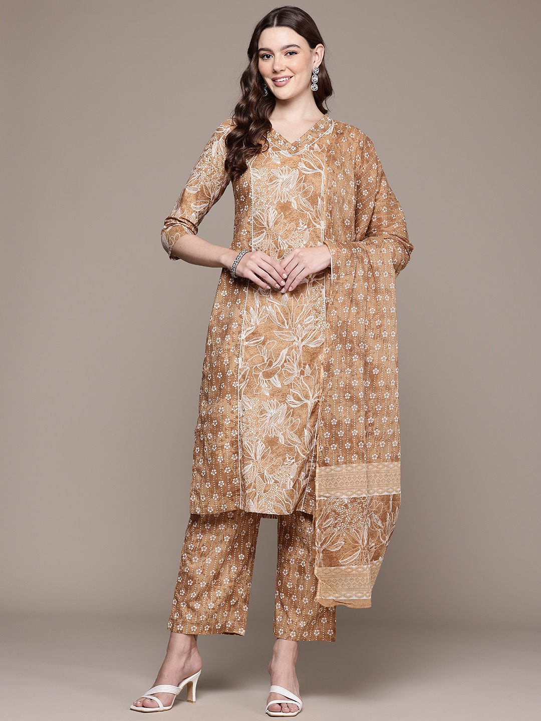 Readiprint Floral Printed Aari Work Pure Cotton Kurta with Palazzos & Dupatta, Brown
Readiprint Floral Printed Aari Work Pure Cotton Kurta with Palazzos & Dupatta, Brown
