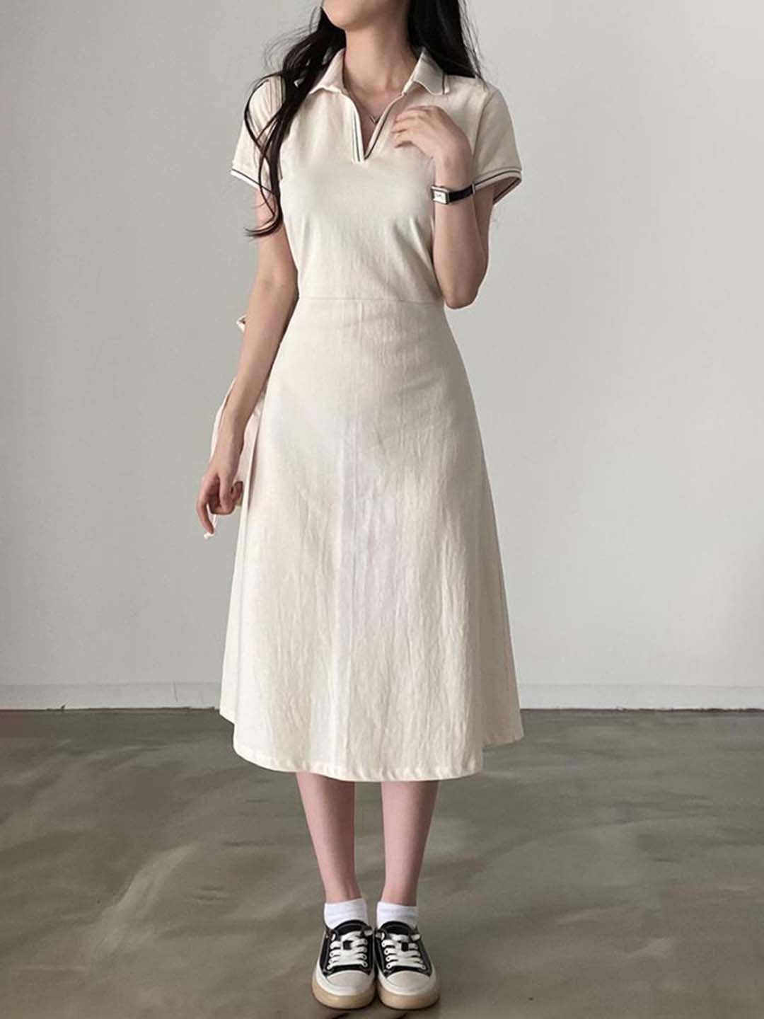 LULU & SKY Women Shirt Collar Short Sleeves Self Design Solid A-line Midi Dress, Cream
LULU & SKY Women Shirt Collar Short Sleeves Self Design Solid A-line Midi Dress, Cream