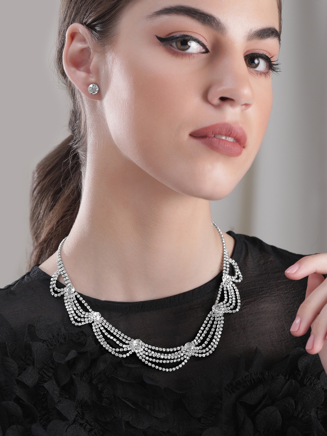Rubans Rhodium Plated Cubic Zirconia Studded Multi-Layer Statement Necklace Set, Silver
Rubans Rhodium Plated Cubic Zirconia Studded Multi-Layer Statement Necklace Set, Silver