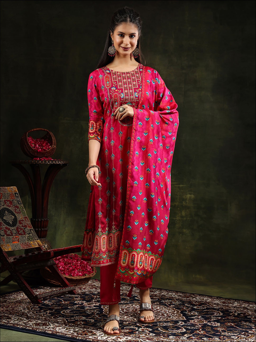 KALINI Women Floral Embroidered Regular Sequinned Kurta with Trousers & With Dupatta, Pink
KALINI Women Floral Embroidered Regular Sequinned Kurta with Trousers & With Dupatta, Pink