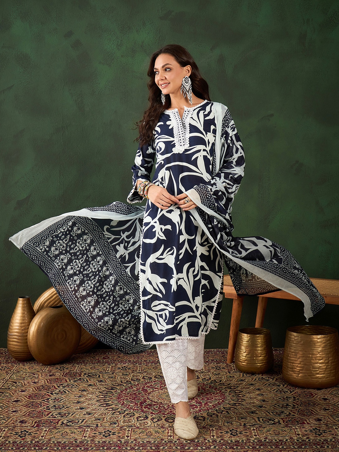 Vastramyaa Women Floral Printed Thread Work Pure Cotton Kurta Trousers With Dupatta, Navy blue
Vastramyaa Women Floral Printed Thread Work Pure Cotton Kurta Trousers With Dupatta, Navy blue
