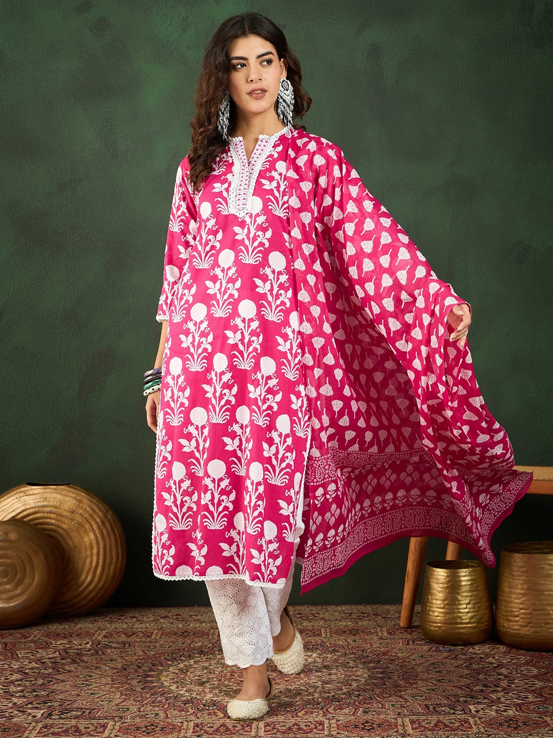 Vastramyaa Women Floral Printed Thread Work Pure Cotton Kurta Trousers With Dupatta, Pink
Vastramyaa Women Floral Printed Thread Work Pure Cotton Kurta Trousers With Dupatta, Pink