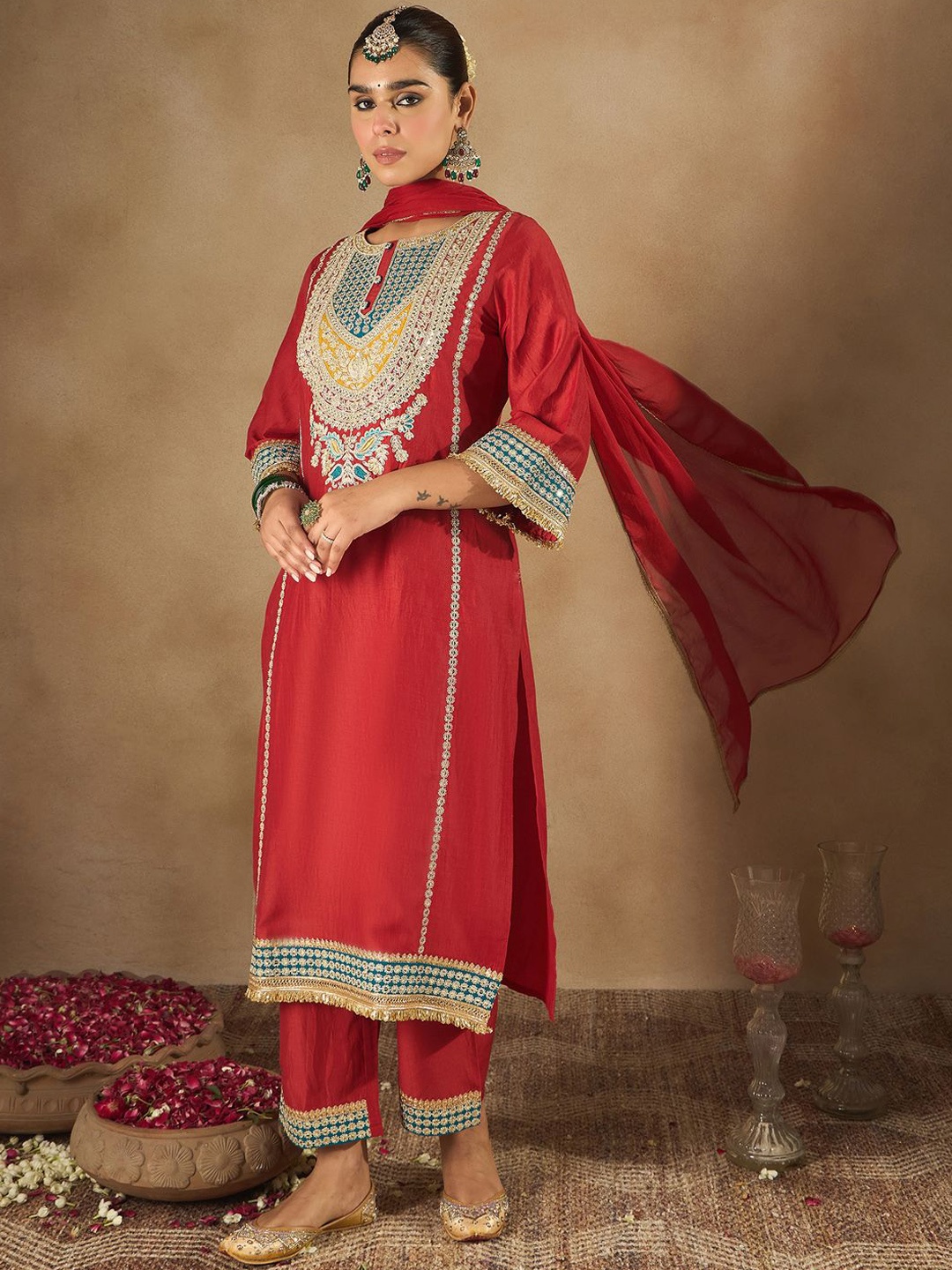 Indo Era Women Ethnic Motifs Embroidered Regular Kurta with Trousers & With Dupatta, Red
Indo Era Women Ethnic Motifs Embroidered Regular Kurta with Trousers & With Dupatta, Red