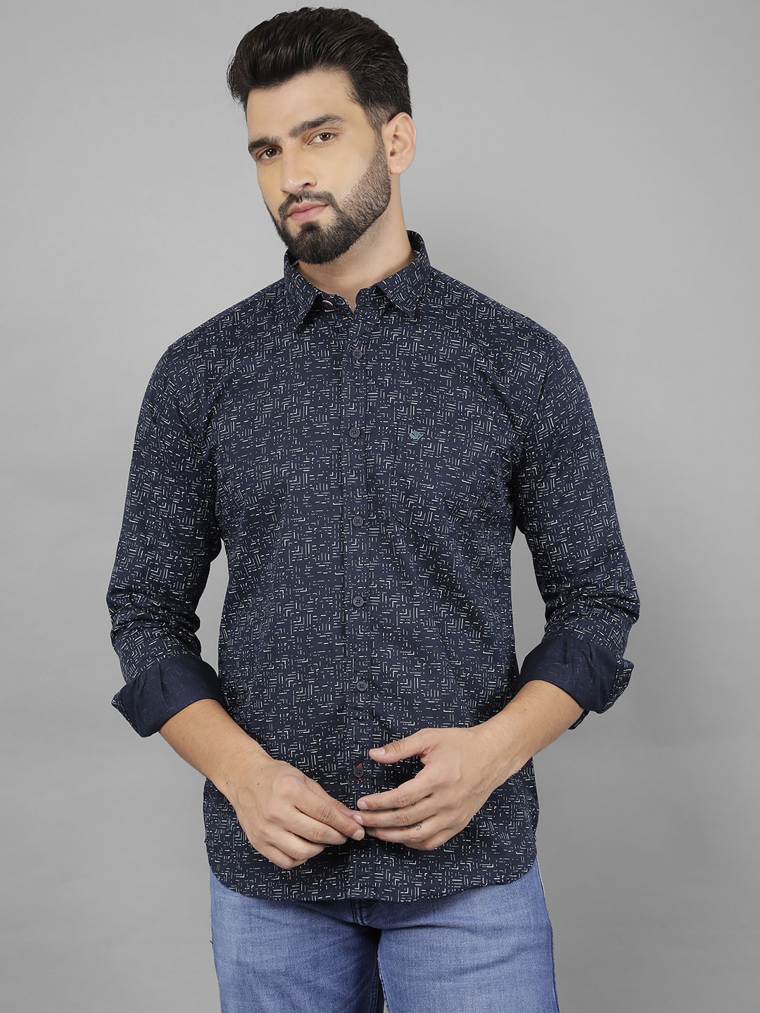 COBB Men India Slim Spread Collar Abstract Printed Cotton Slim Fit Casual Shirt, Navy blue
COBB Men India Slim Spread Collar Abstract Printed Cotton Slim Fit Casual Shirt, Navy blue