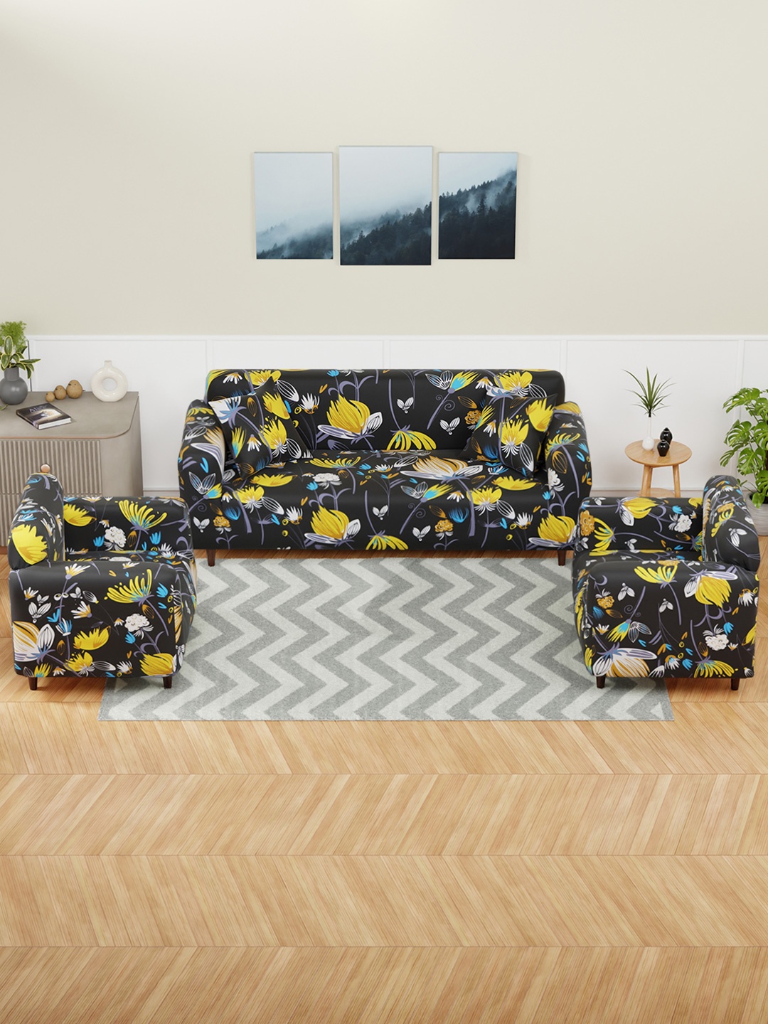 Aura Black&Yellow 3Pcs Lotus Flower Printed 5 Seater Sofa Cover With Arms & Cushion Cover
Aura Black&Yellow 3Pcs Lotus Flower Printed 5 Seater Sofa Cover With Arms & Cushion Cover