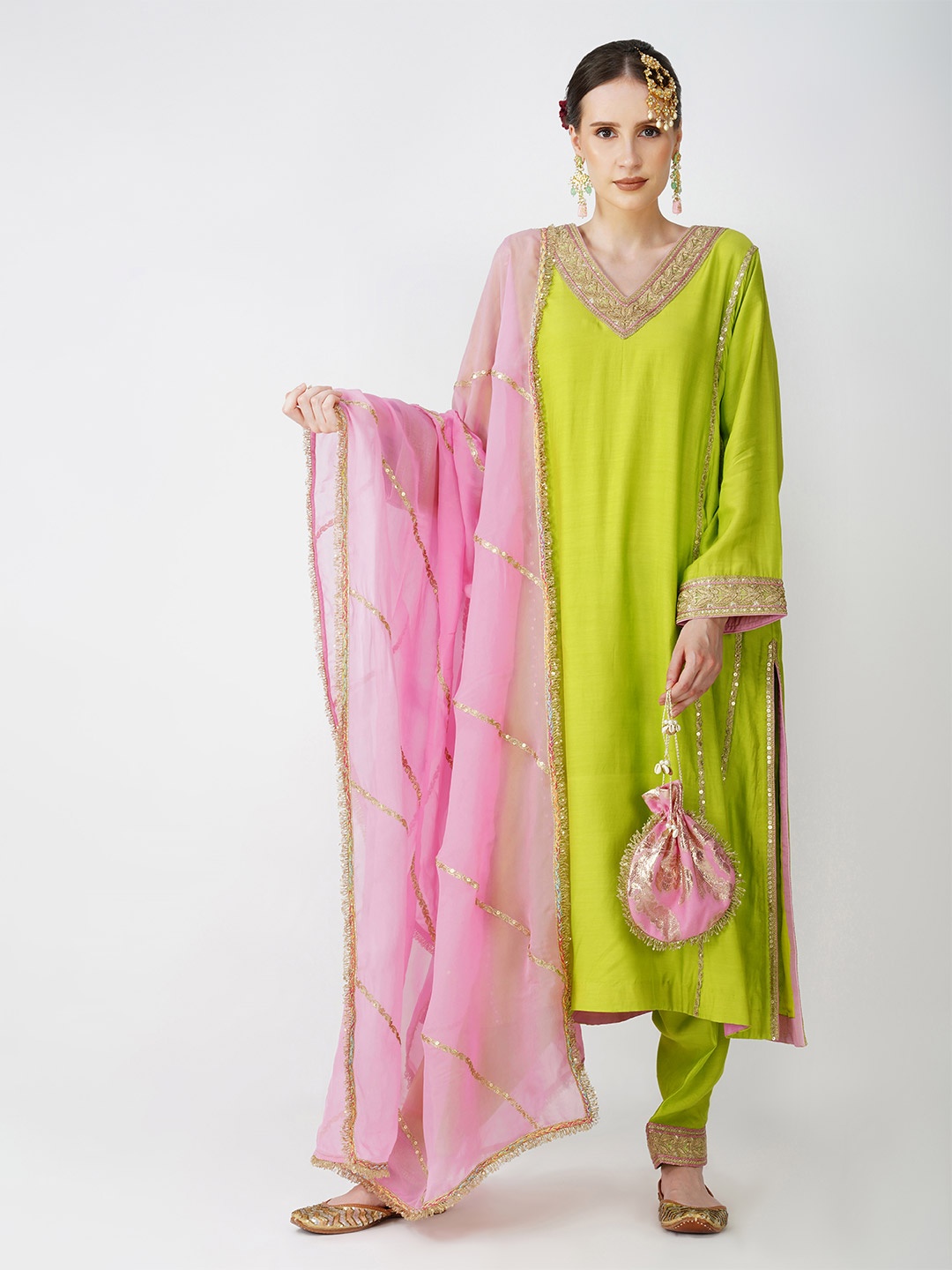 KOVET Zari Embroidered V-Neck Pure Silk Straight Kurta with Salwar & Dupatta, Lime green
KOVET Zari Embroidered V-Neck Pure Silk Straight Kurta with Salwar & Dupatta, Lime green