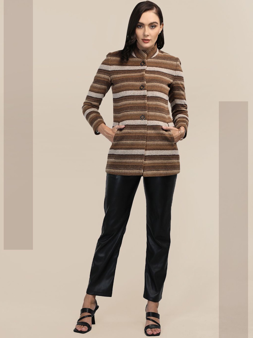 The Roadster Lifestyle Co. Women Stand Collar Wool Single-Breasted Striped Coat, Brown
The Roadster Lifestyle Co. Women Stand Collar Wool Single-Breasted Striped Coat, Brown