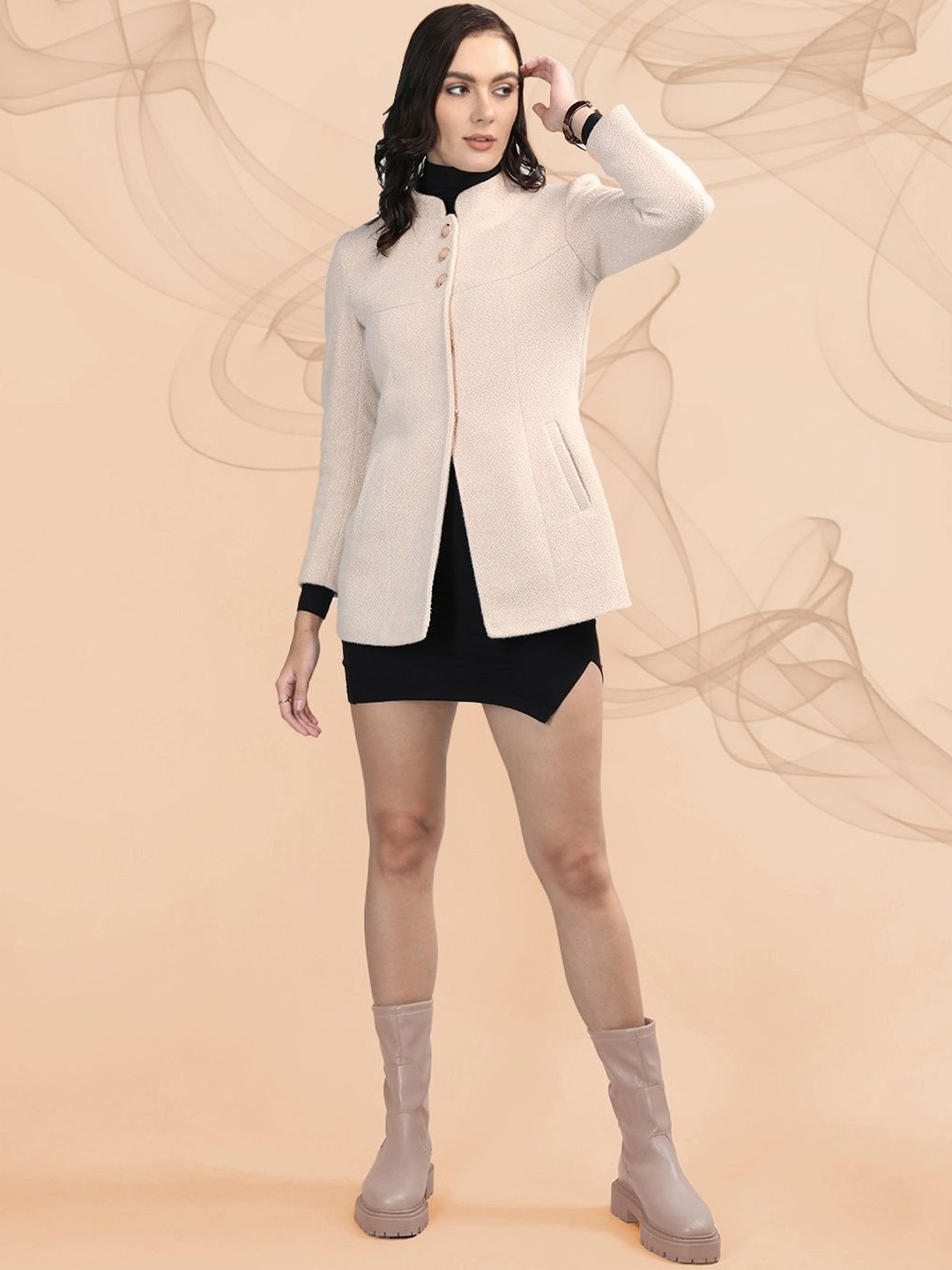 The Roadster Lifestyle Co. Women Self Design Stand Collar Wool Single Breasted Overcoat, Beige
The Roadster Lifestyle Co. Women Self Design Stand Collar Wool Single Breasted Overcoat, Beige