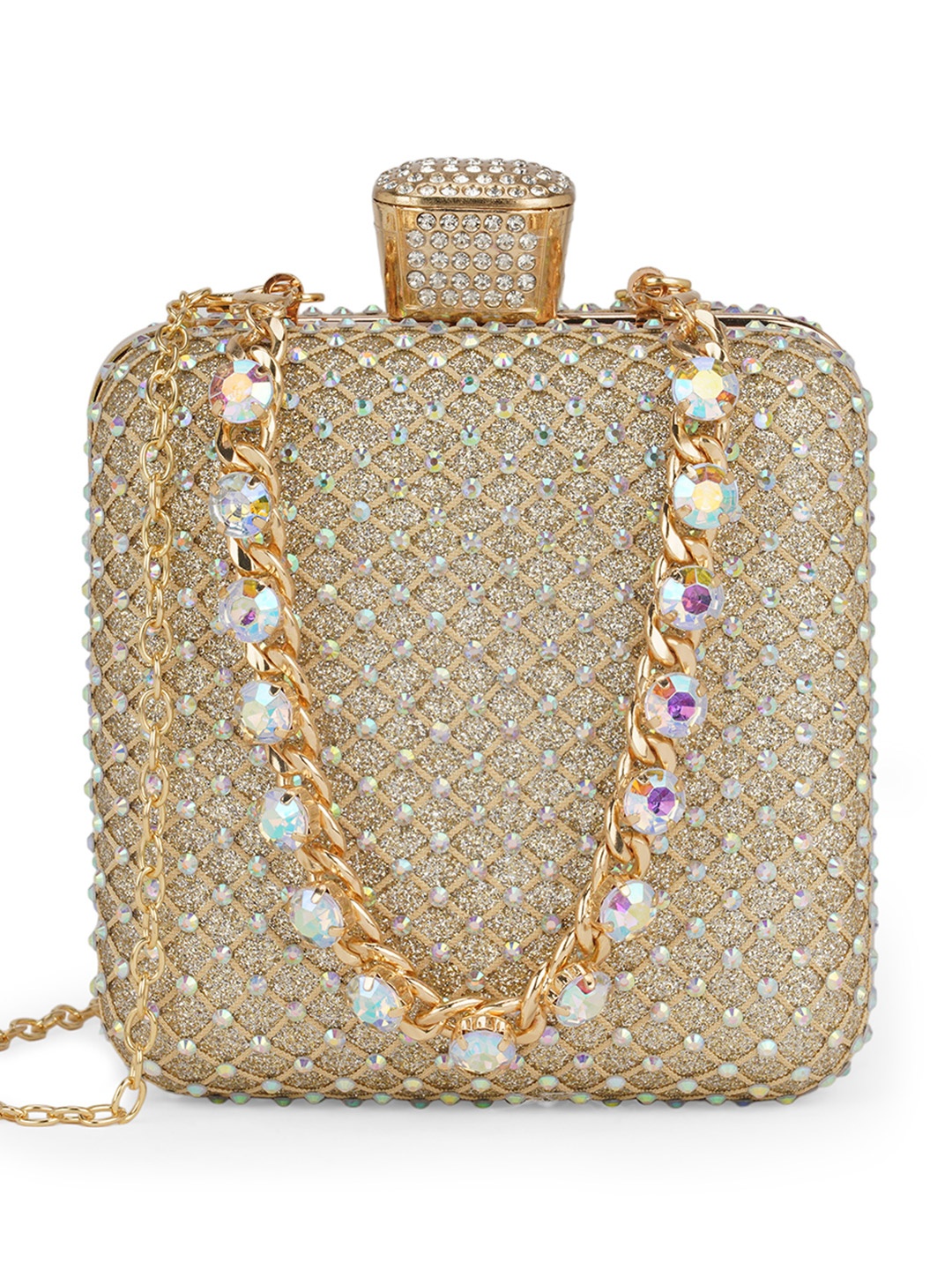 Globus Women Embellished Square Clutch With Thick Wrist Strap & Detachable Chain Strap, Gold
Globus Women Embellished Square Clutch With Thick Wrist Strap & Detachable Chain Strap, Gold