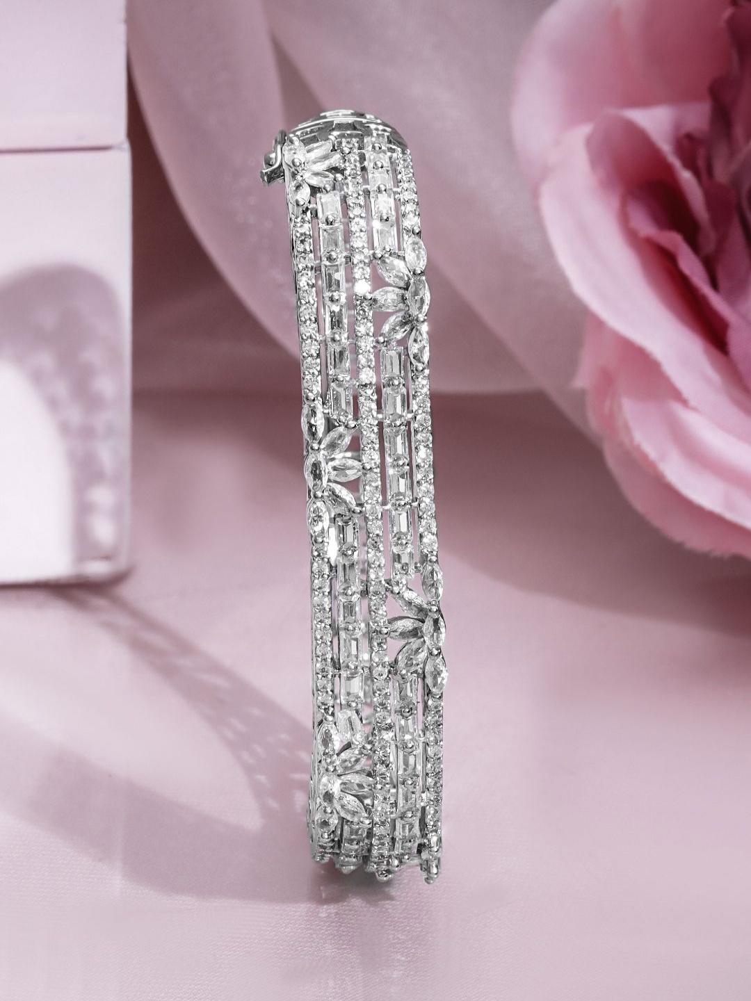 Rubans Rhodium Plated Cubic Zirconia Studded Floral Design Openable Bracelet, Silver
Rubans Rhodium Plated Cubic Zirconia Studded Floral Design Openable Bracelet, Silver