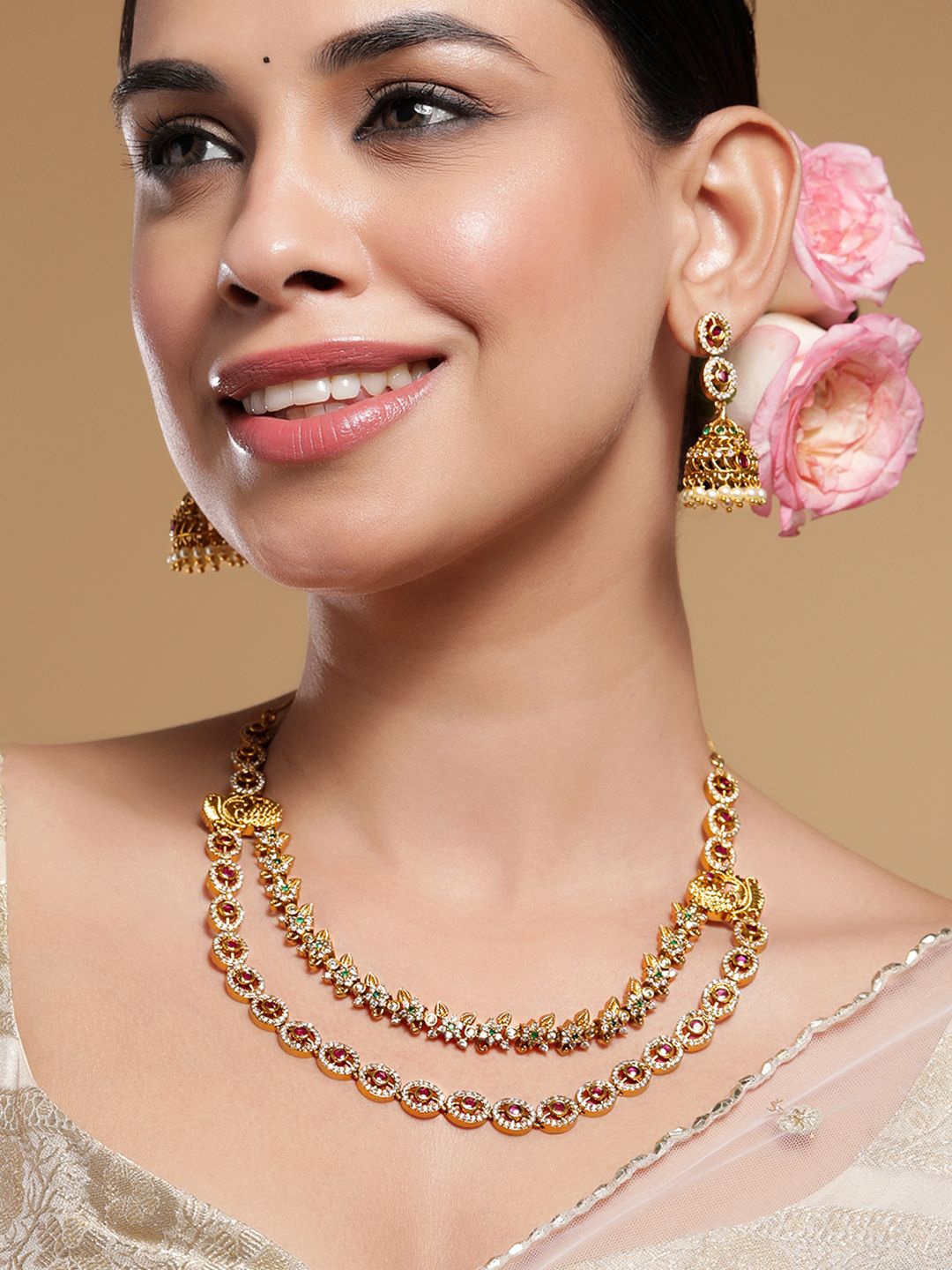 Rubans 22K Gold-Plated Ruby, Emerald & Cubic Zirconia Studded Double Layer Jewellery Set
Rubans 22K Gold-Plated Ruby, Emerald & Cubic Zirconia Studded Double Layer Jewellery Set