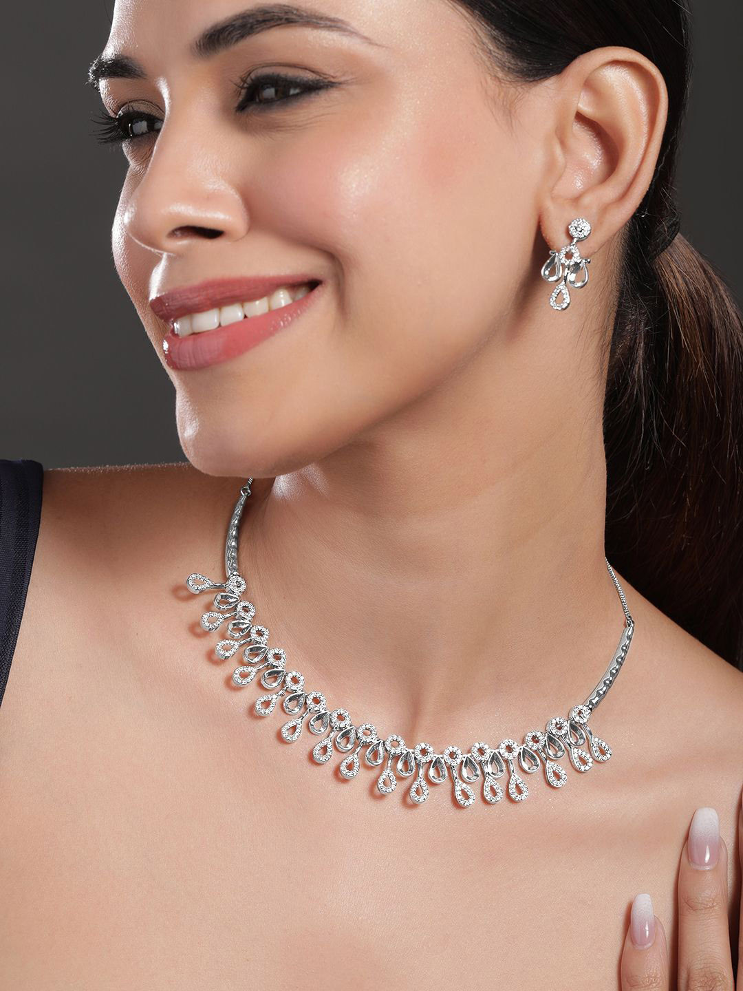 Rubans Rhodium-Plated White Cubic Zirconia Studded Teardrop Necklace Set, Silver
Rubans Rhodium-Plated White Cubic Zirconia Studded Teardrop Necklace Set, Silver