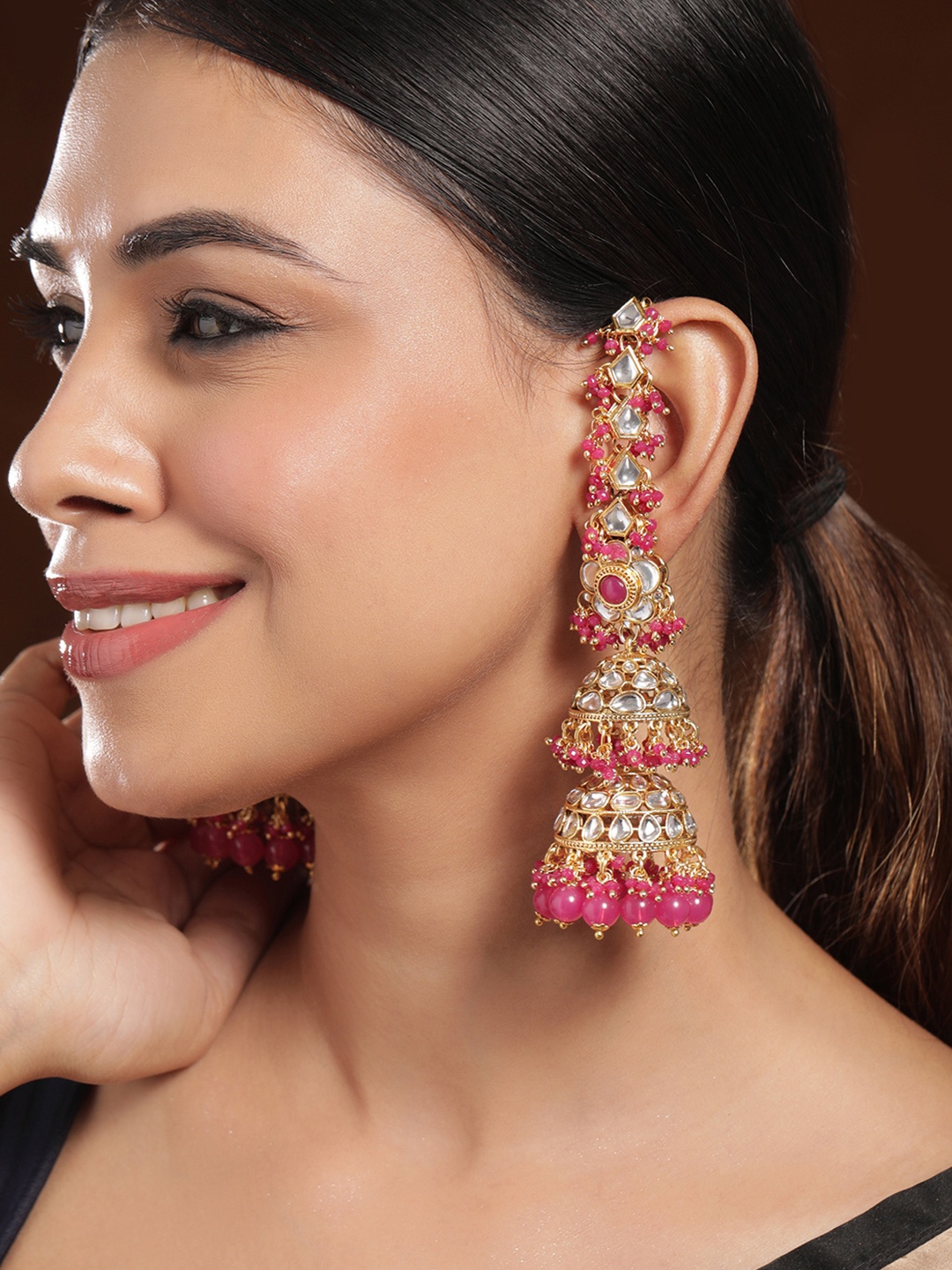 Rubans 22K Gold-Plated Long Full-Ear Covering Triple-Layer Jhumka with Kundan & Pink Beads
Rubans 22K Gold-Plated Long Full-Ear Covering Triple-Layer Jhumka with Kundan & Pink Beads