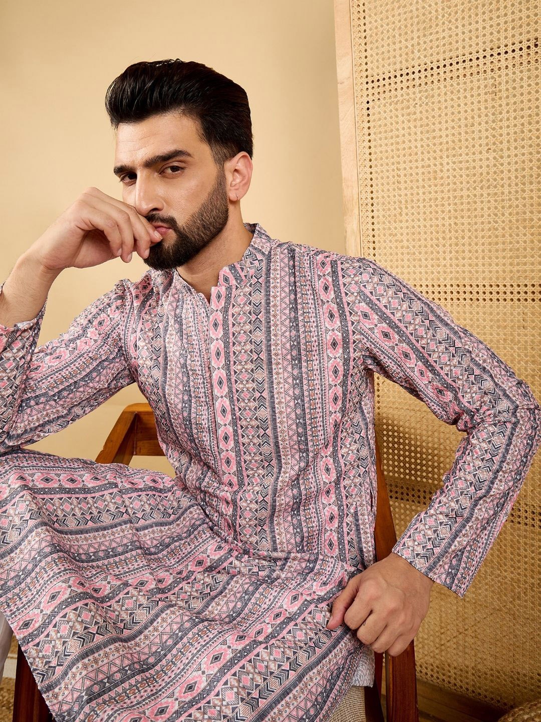 Ethnic Bay Men Geometric Embroidered Mandarin Collar Long Sleeves Chikankari Kurta, White
Ethnic Bay Men Geometric Embroidered Mandarin Collar Long Sleeves Chikankari Kurta, White