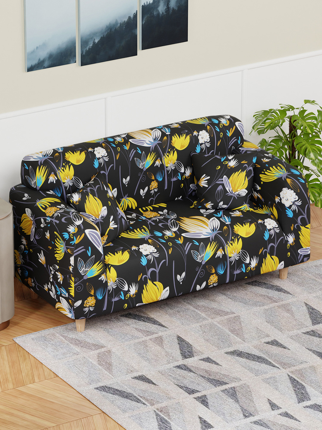 Lukzer Yellow and Black Floral Printed 2-Seater Sofa Cover With Arms 
Lukzer Yellow and Black Floral Printed 2-Seater Sofa Cover With Arms