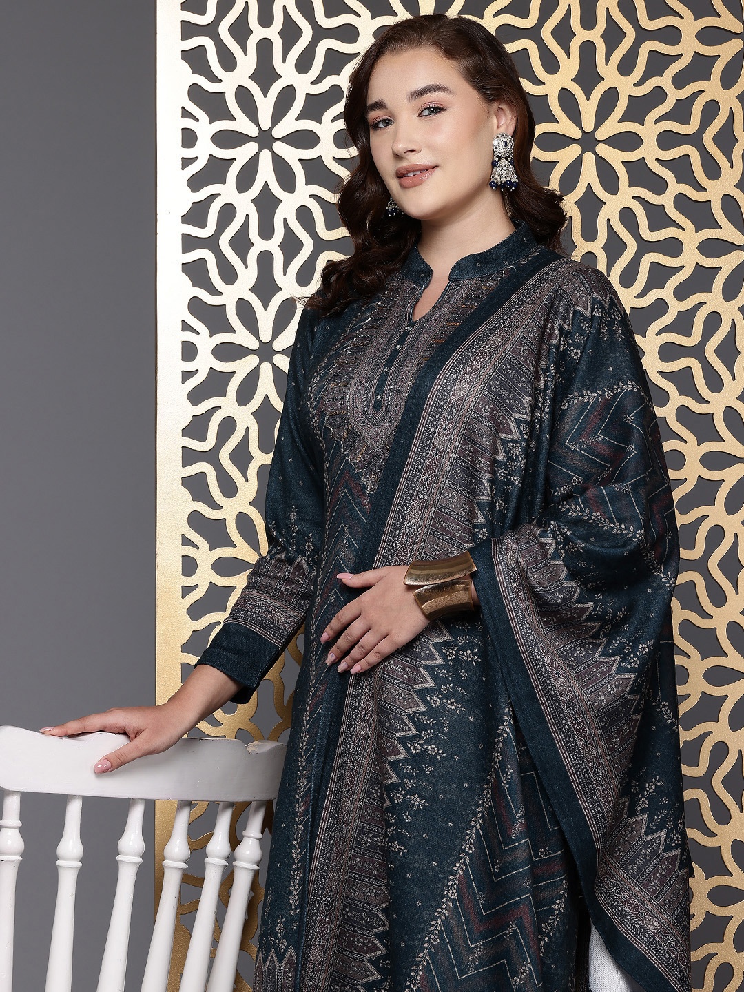 Cayman Women Ethnic Motifs Printed Sequin Pure Wool Kurta with Trousers & Dupatta, Teal
Cayman Women Ethnic Motifs Printed Sequin Pure Wool Kurta with Trousers & Dupatta, Teal