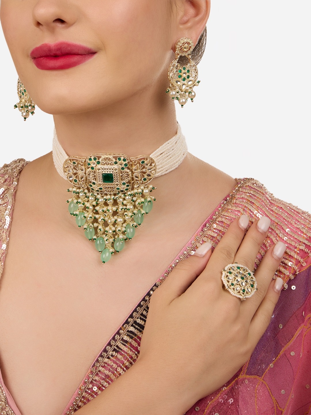 Zaveri Pearls Gold-Plated Stone Studded & Beaded Cascading Choker Jewellery Set
Zaveri Pearls Gold-Plated Stone Studded & Beaded Cascading Choker Jewellery Set