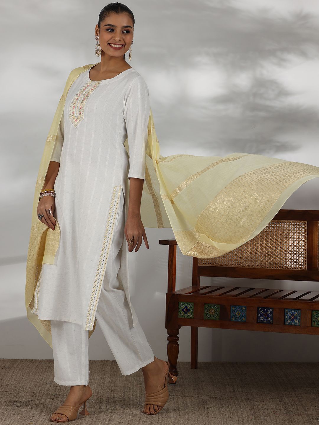 Libas Striped Self Design Sequinned Straight Kurta with Trouser & Dupatta, Off white
Libas Striped Self Design Sequinned Straight Kurta with Trouser & Dupatta, Off white