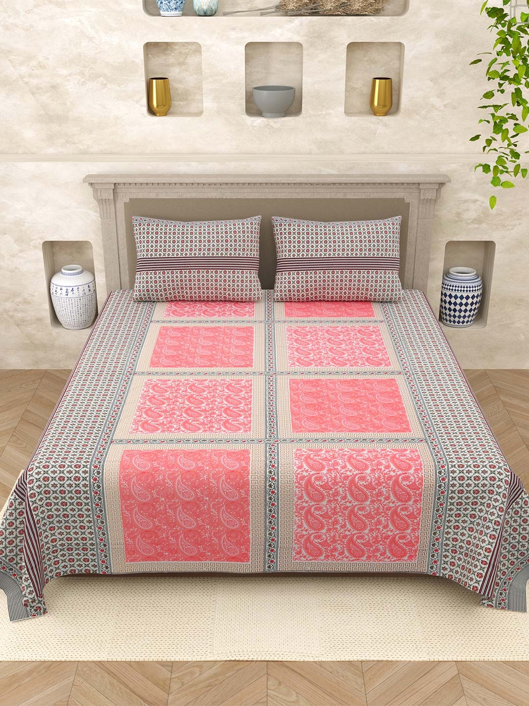 Varde Elegant selection Baby Pink Printed Pure Cotton 210 TC Queen Bedsheet Set 2.2mx2.65m
Varde Elegant selection Baby Pink Printed Pure Cotton 210 TC Queen Bedsheet Set 2.2mx2.65m