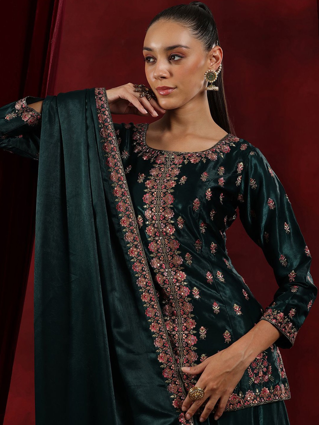 Libas Art Floral Embroidered Sequinned Pure Silk Straight Kurta With Palazzos & Dupatta, Green
Libas Art Floral Embroidered Sequinned Pure Silk Straight Kurta With Palazzos & Dupatta, Green